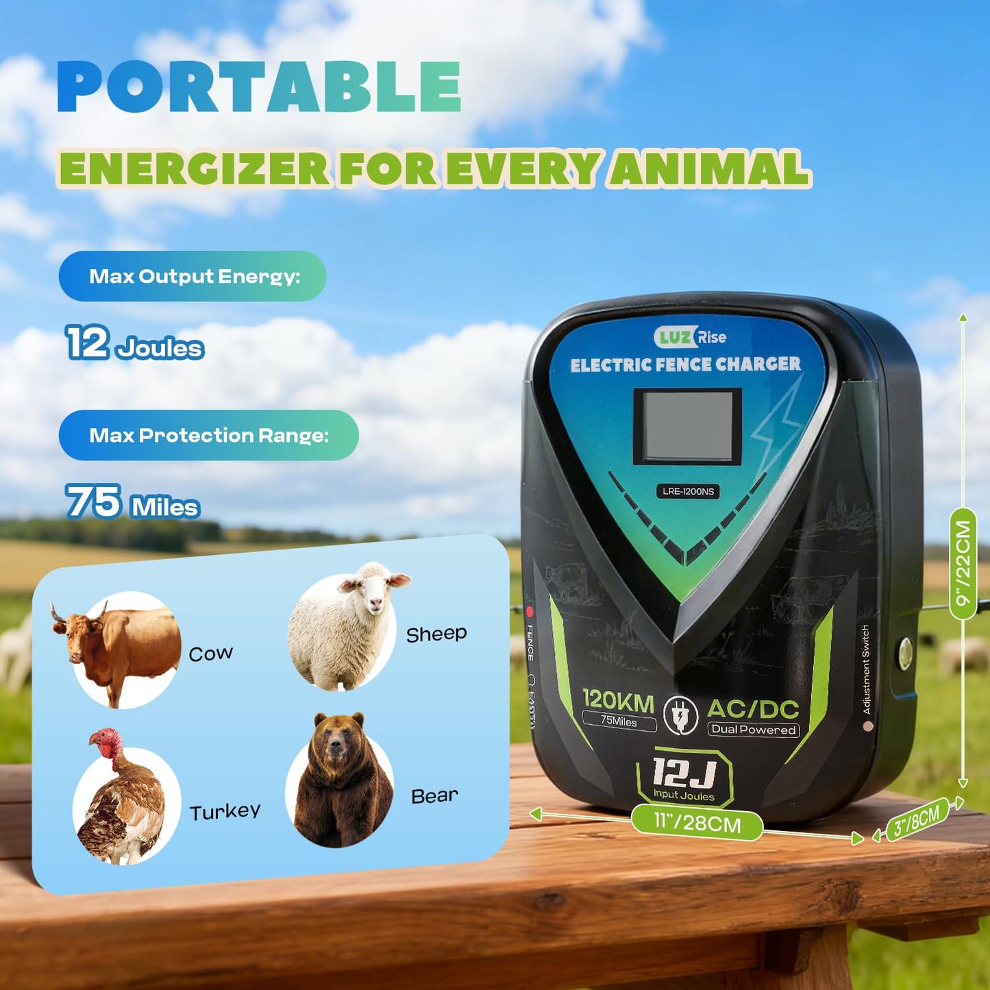 Luzrise 12J Electric Fence Charger AC DC 2 in 1 Powered Supply Fence Controller Fence Energizer Electric, IPX6 Level Waterproof, Peak Voltage 10KV, Max 120KM Range for Livestock/Farmland/Garden (12J)