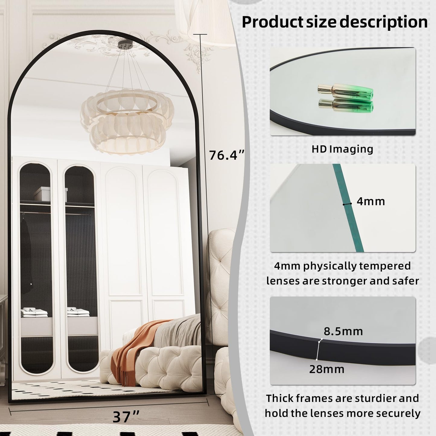 LFT HUIMEI2Y 76.4"x37" Arch Full Length Mirror, Large Floor Full Body Tempered Mirror with Aluminum Alloy Frame for Living Room, Bedroom, Gym, Stand or Leaning Wall-Mounted, Black