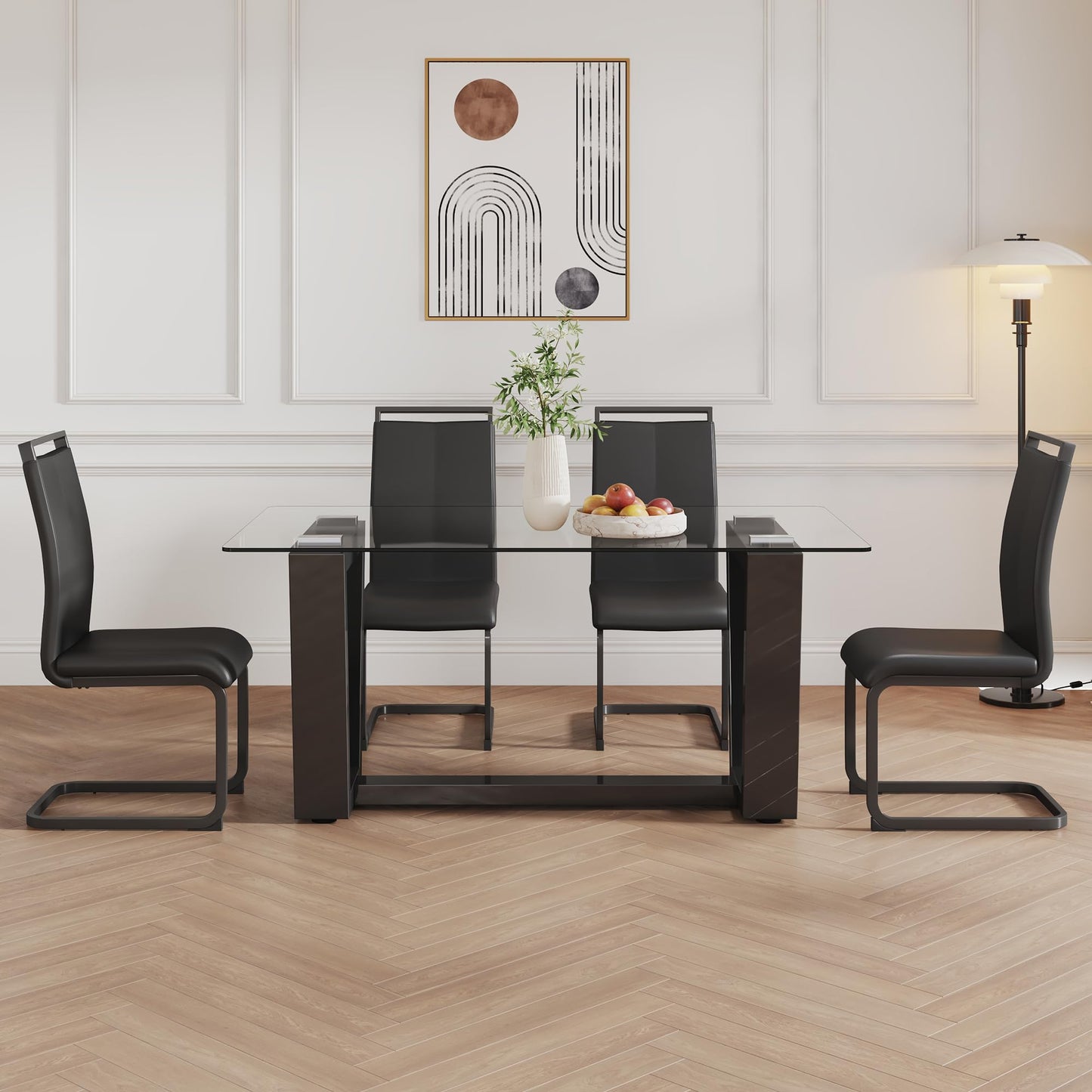 Ebullient Glass Dining Table Set for 4, Modern Dining Table Set for 4, Tempered Glass Tabletop with Black MDF Trapezoid Legs, Rectangle Kitchen Table with 4 Faux Leather Chairs for Home, Apartment