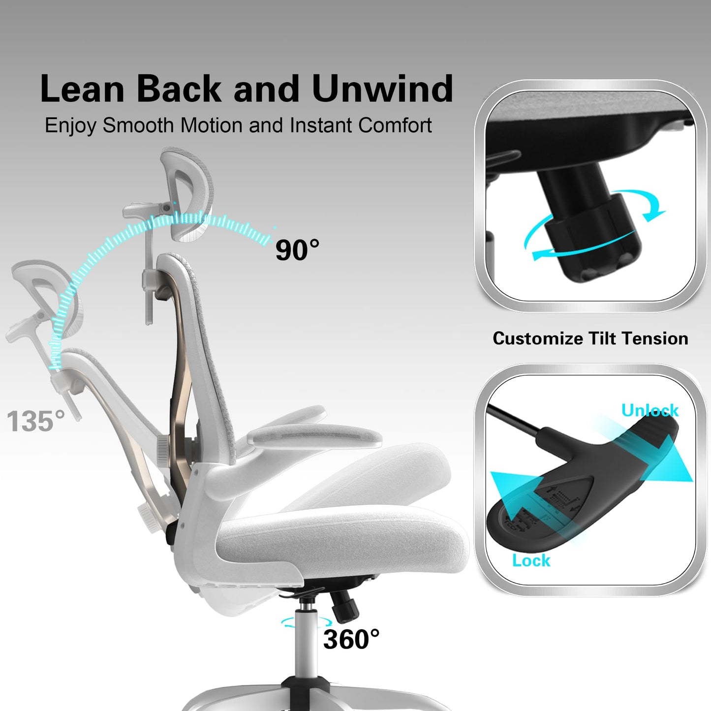 Ergonomic Office Chair for Back & Neck Pain Relief, Virgin Foam Seat, 2D Adjustable Lumbar & 3D Headrest, Tilt & Rock for Relaxation, Ideal for Long Sitting Comfort, White/Gold