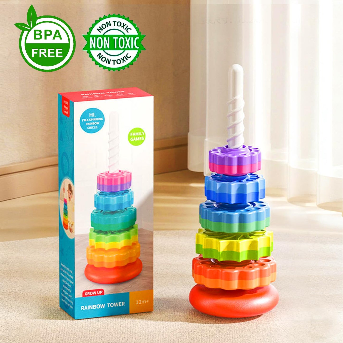 Eivaai Baby Spinning Stacking Toys Sensory Toys for Toddlers 1-3, Rainbow Ring Spin Montessori Toys for Babies 6-12 Months, Autism Learning Toy for 1 2 3 One Year Old Girl Boy Christmas Birthday Gifts