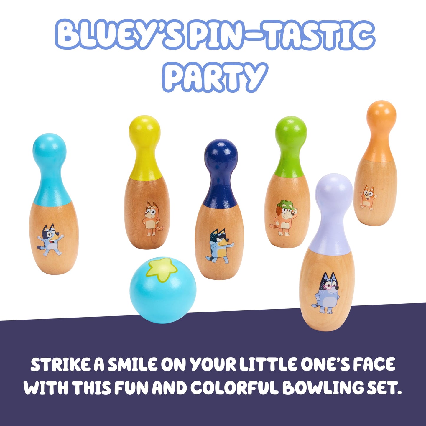 Bluey Wooden Bowling Set – Skittle Game with 6 Character Wooden Bowling Pins, Durable Toy for Kids Ages 3+, Indoor & Outdoor Play