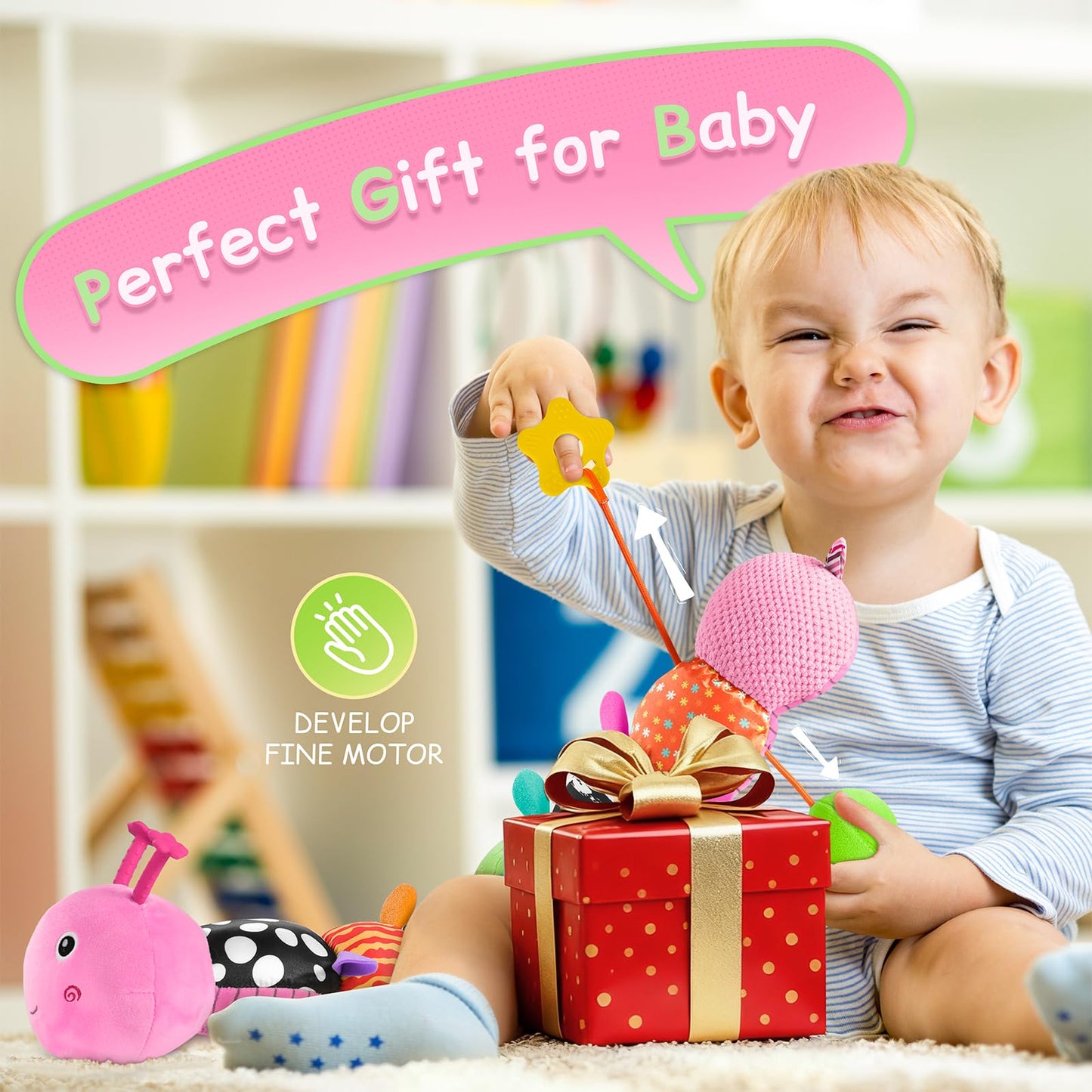 Tummy Time Baby Toys Sensory Musical Animal Stuffed Car Seat Toy for Infant 0-3-6-12 Months Newborn, Plush Caterpillar with Mirror,Crinkle,Rattle Teething Toys for Baby Boys Girls Shower Gifts, Pink