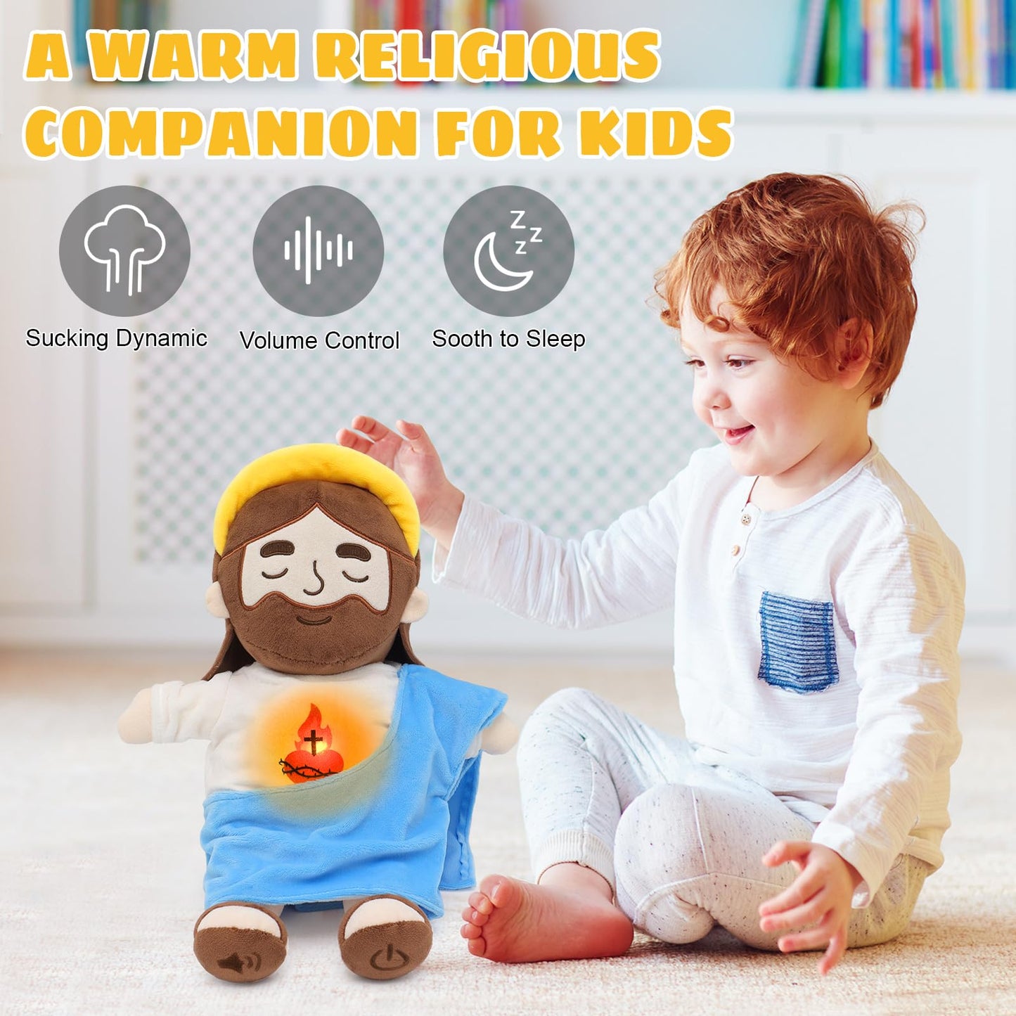 Yelakey Soothing Jesus Plush Toys with Light & Sound, 15" Jesus Stuffed Breathing Plushy Doll, Christian Catholic Religious Plushie Christmas Easter Gifts for Kids Baby (Blue)
