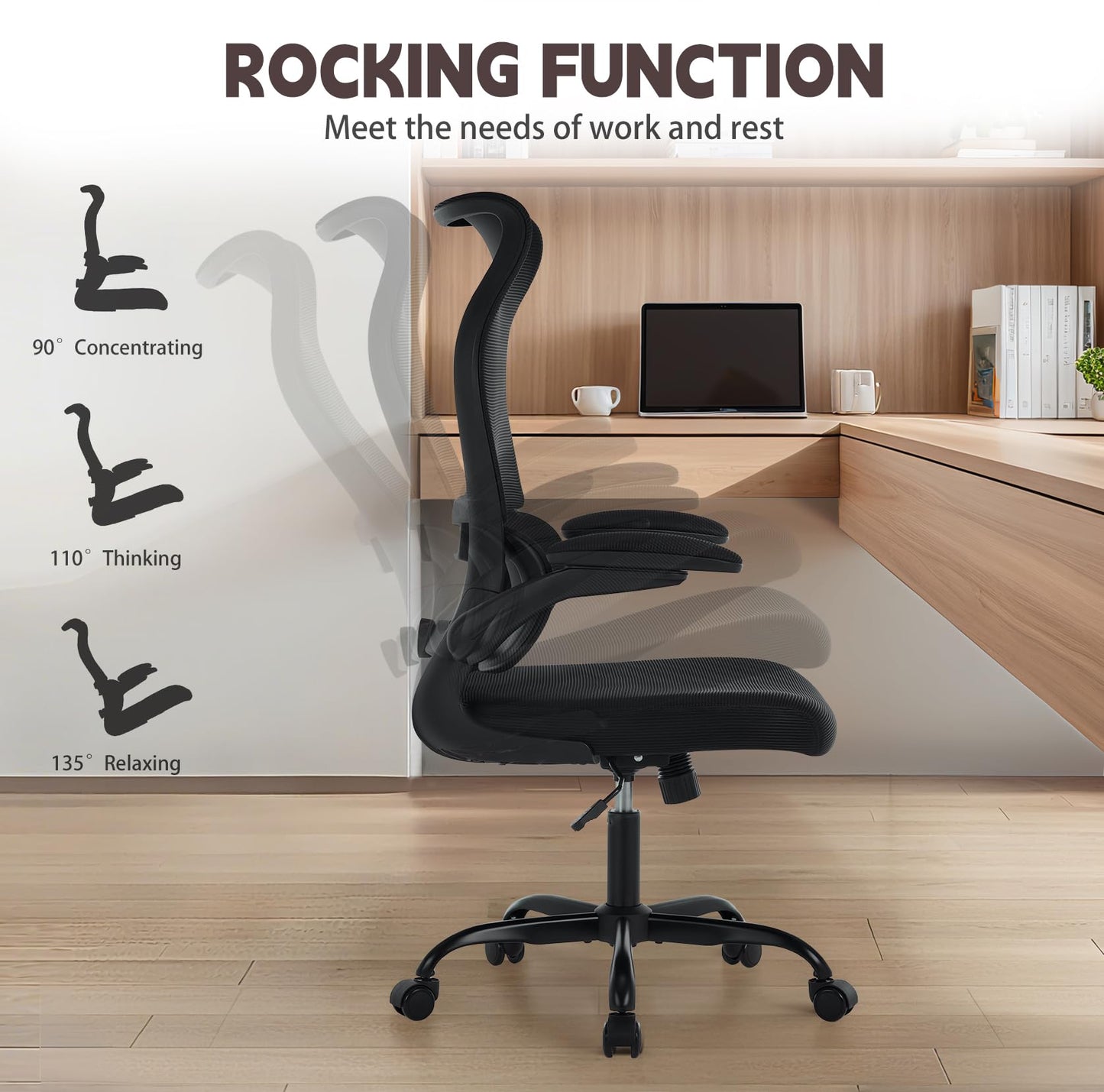 Ergonomic Office Chair, High Back Breathable Mesh Computer Desk Chair with Adjustable Lumbar Support and Flip-Up Armrests, 300LB Capacity Executive Swivel Task Gaming Seat for Home and Office (Black)