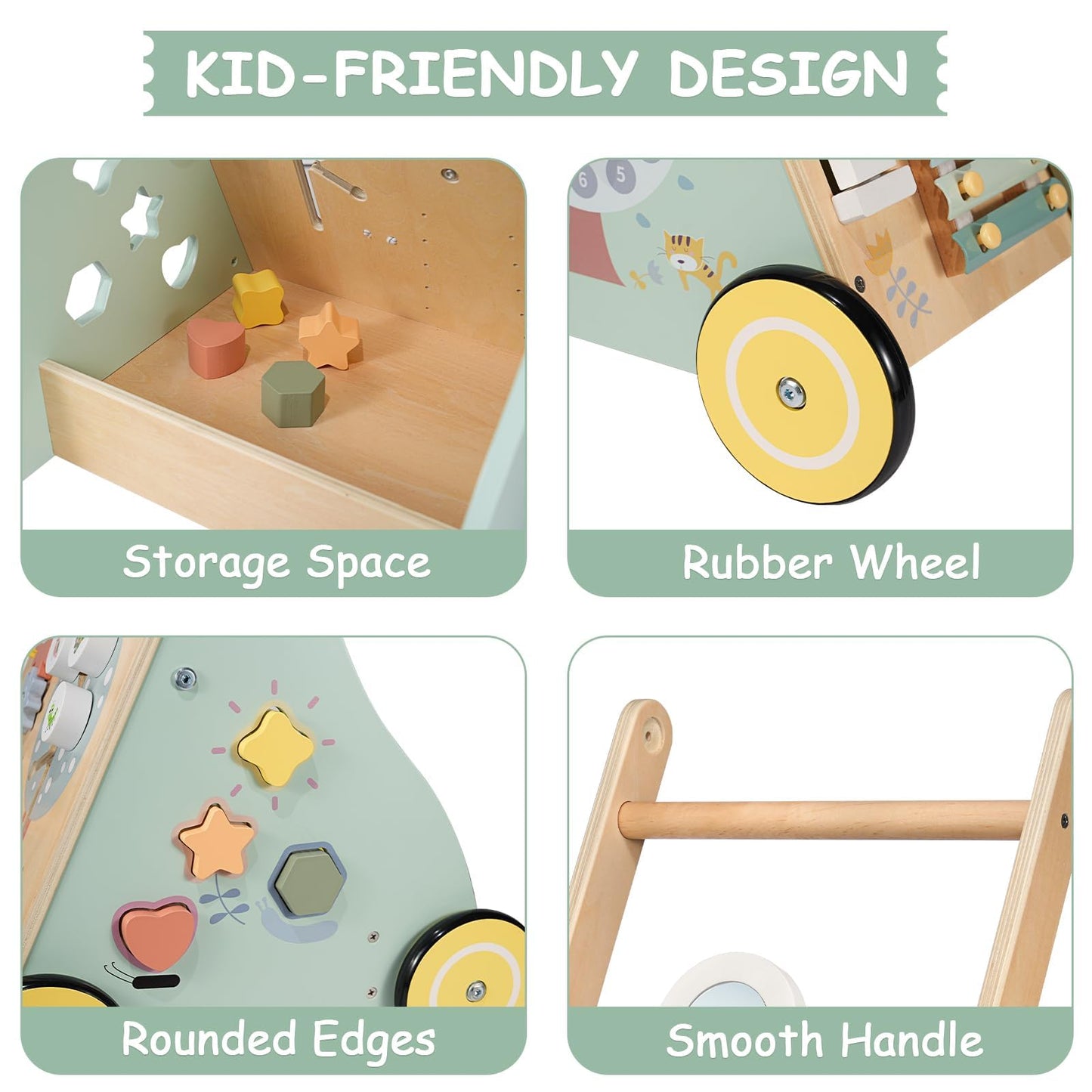 GiggleGems Wooden Baby Walker, Multiple Learning Activities Center Develops Motor Skills for Infant to Toddler, Push and Pull Walkers with Wheel for Boys Girls