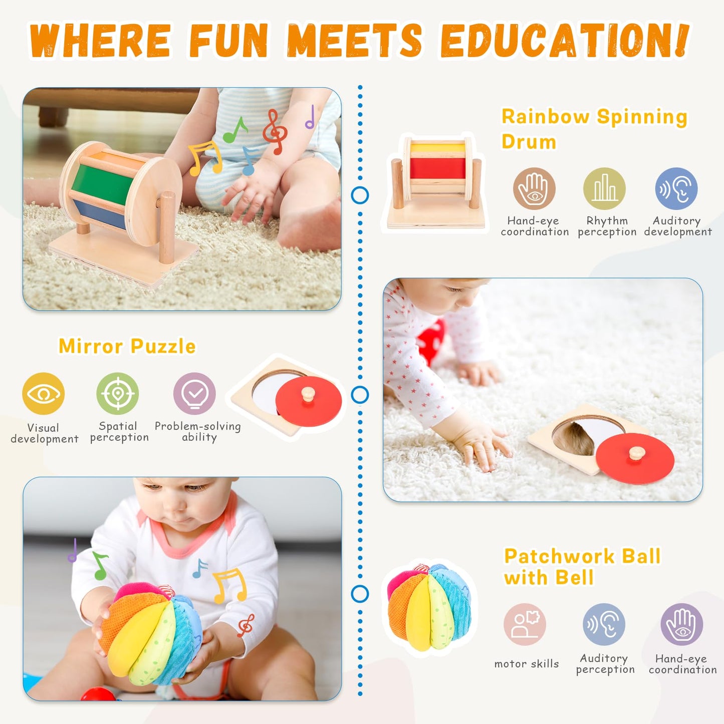 Adena Montessori Play Kit for 5-6 Months Baby,8 in 1 Learning Educational Toys for Toddler,Include Rainbow Spining Drum,Mirror Puzzle,Baby Tissue Box and More,Christmas Birthday Gift for Boys Girl