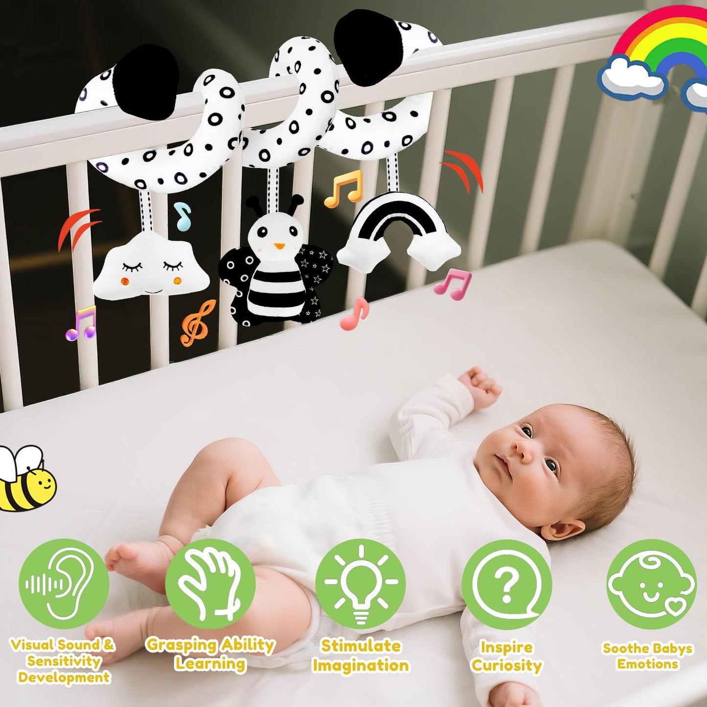 kizh Baby Hanging Stroller and Car Seat Toys High Contrast Baby Toys for Newborn Black and White Sensory Plush Activity Toys for Babies 0-6 Months-BEE