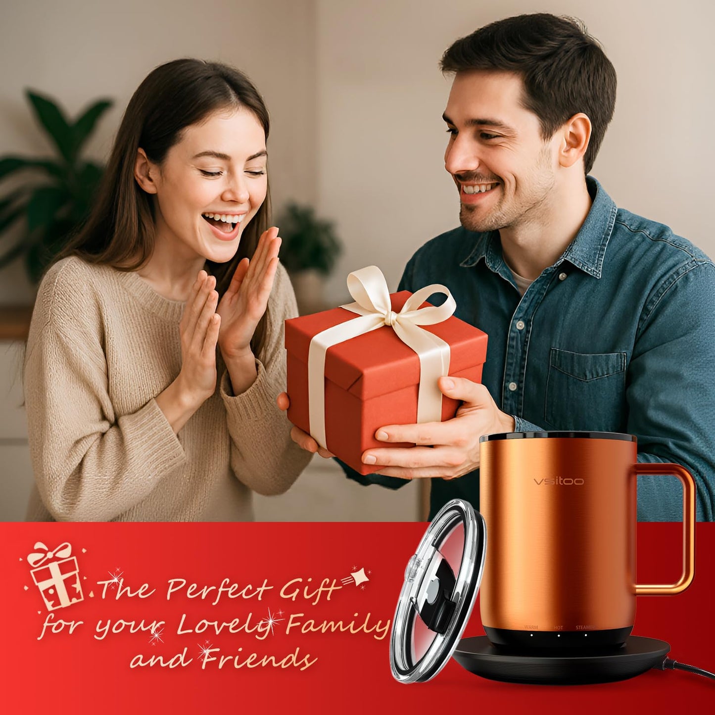 Vsitoo S3 Plus 14oz Heated Coffee Cup - Temperature Control Smart Mug with Mug Warmer, Auto-Sensing AI Heats Drinks to 120-150°F Hands-Free.Ideal for Home/Office/Gifts，Copper