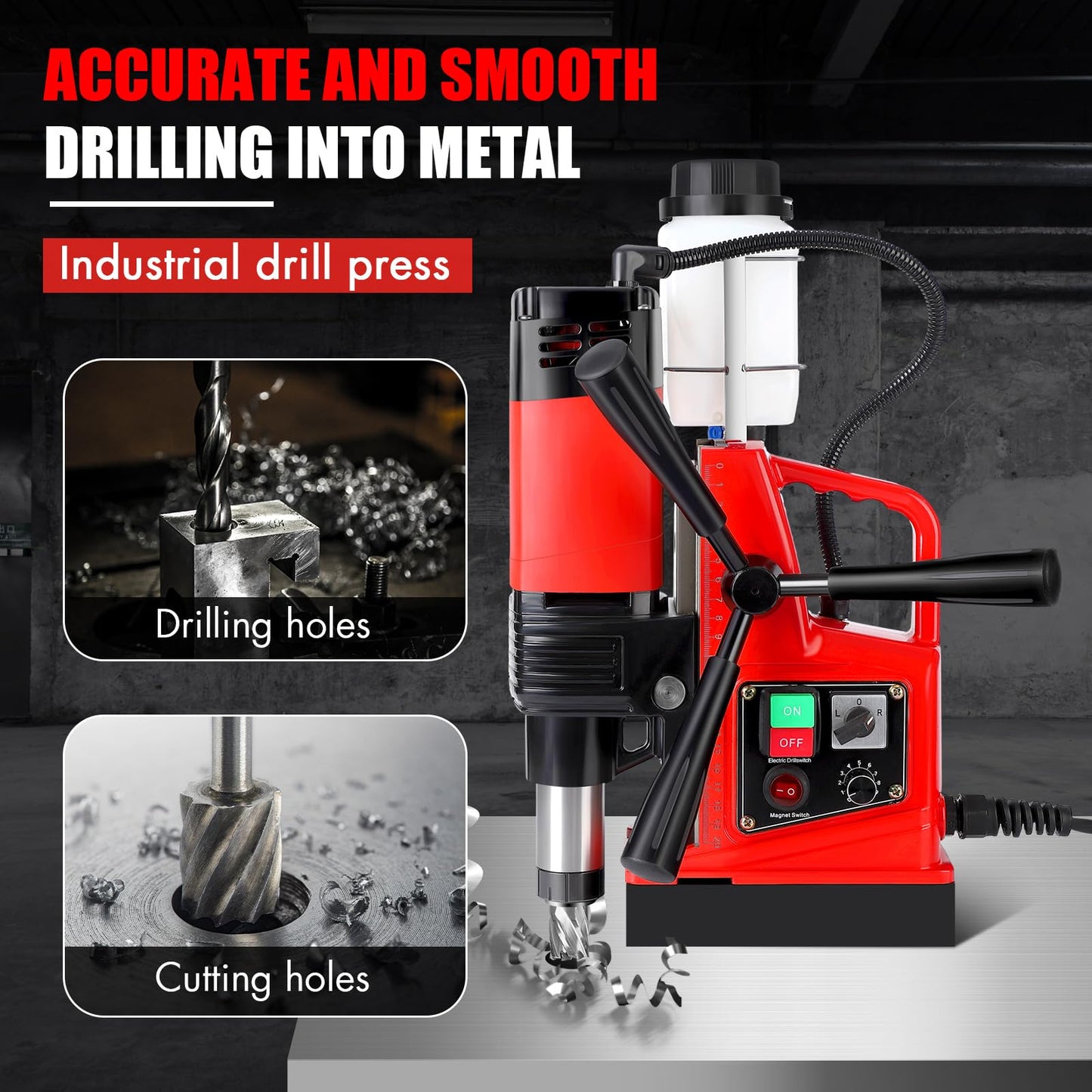 COZONY Mag Drill Press, 1400W 810RPM Portable Magnetic Drill Press, 10-Speed Core Electric Drilling Machine for Metal Working,10Pcs Annular Cutters Drilling Bits，Red