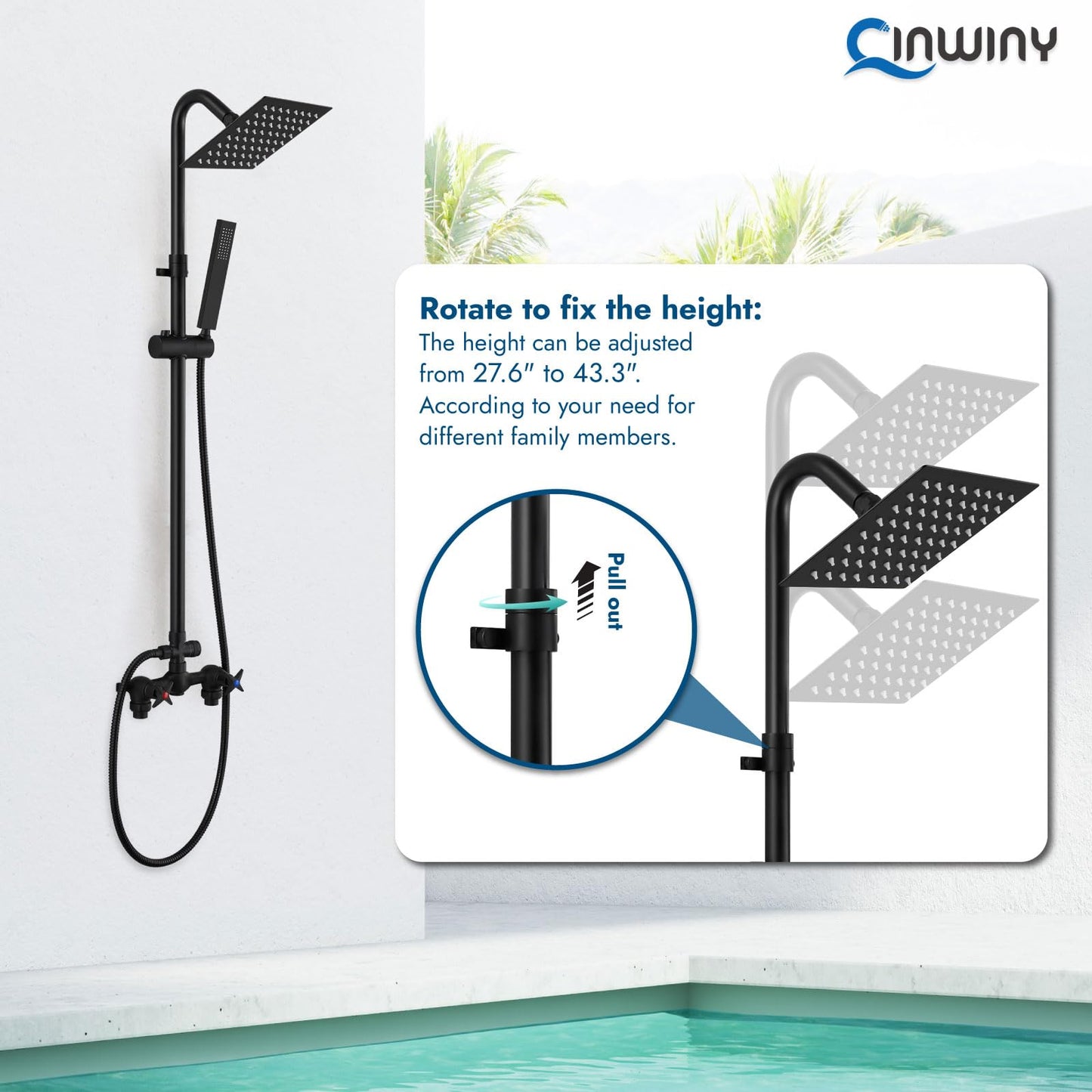 Cinwiny Wall Mounted Outdoor Shower System Matte Black 6" Square Rainfall Shower head with Hand Held Spray Double Cross Handles with Adjustable Slide Bar Two Function Exposed Shower Kit