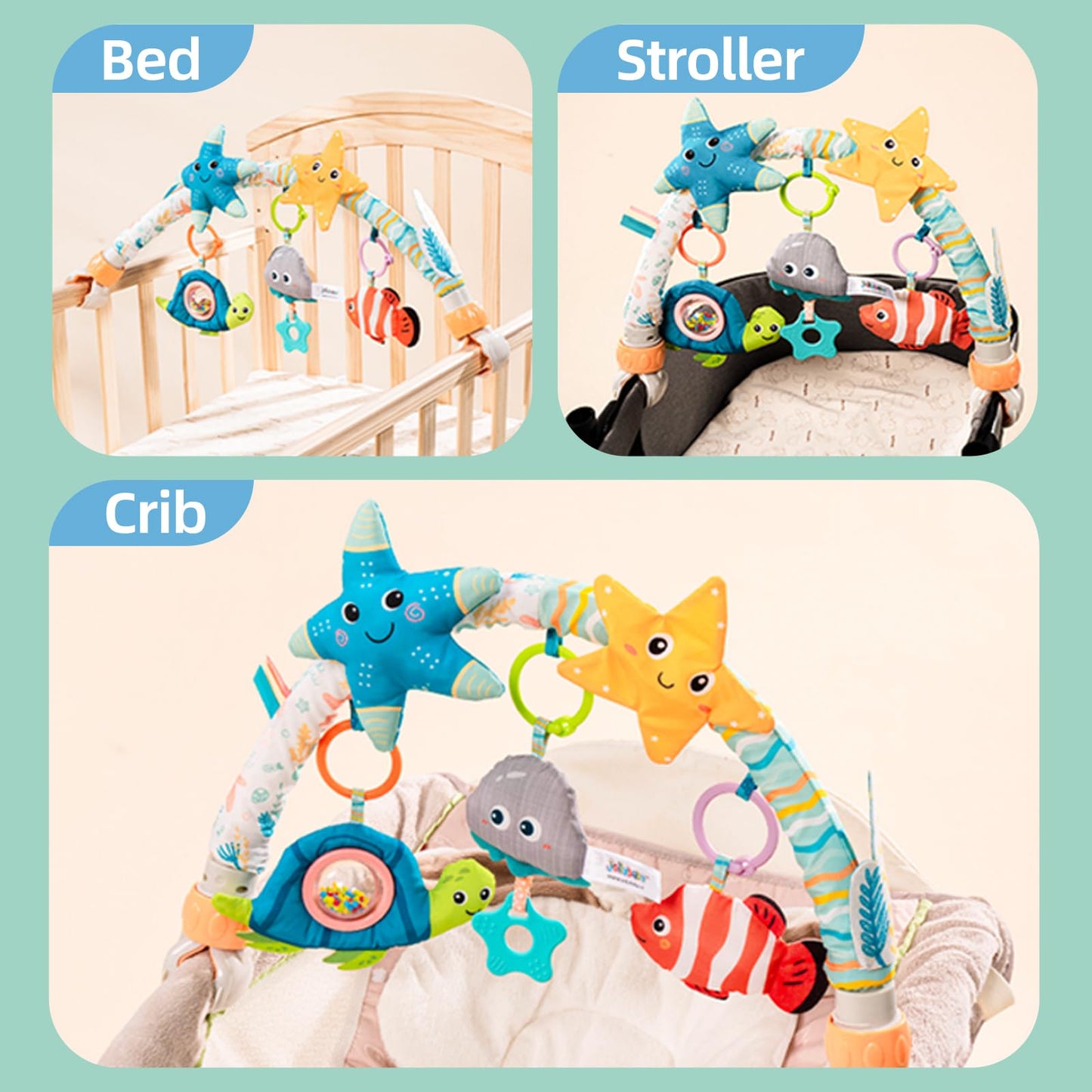 Baby Stroller Arch Toy for Infant & Toddler 0-6 Months, Musical Travel Car Seat Toys W/ Teether, Adjustable Mobile Arm for Crib, Bassinet, Pram, Bjorn Bounce Bar Activity Hanging Accessory 6-12(Sea)