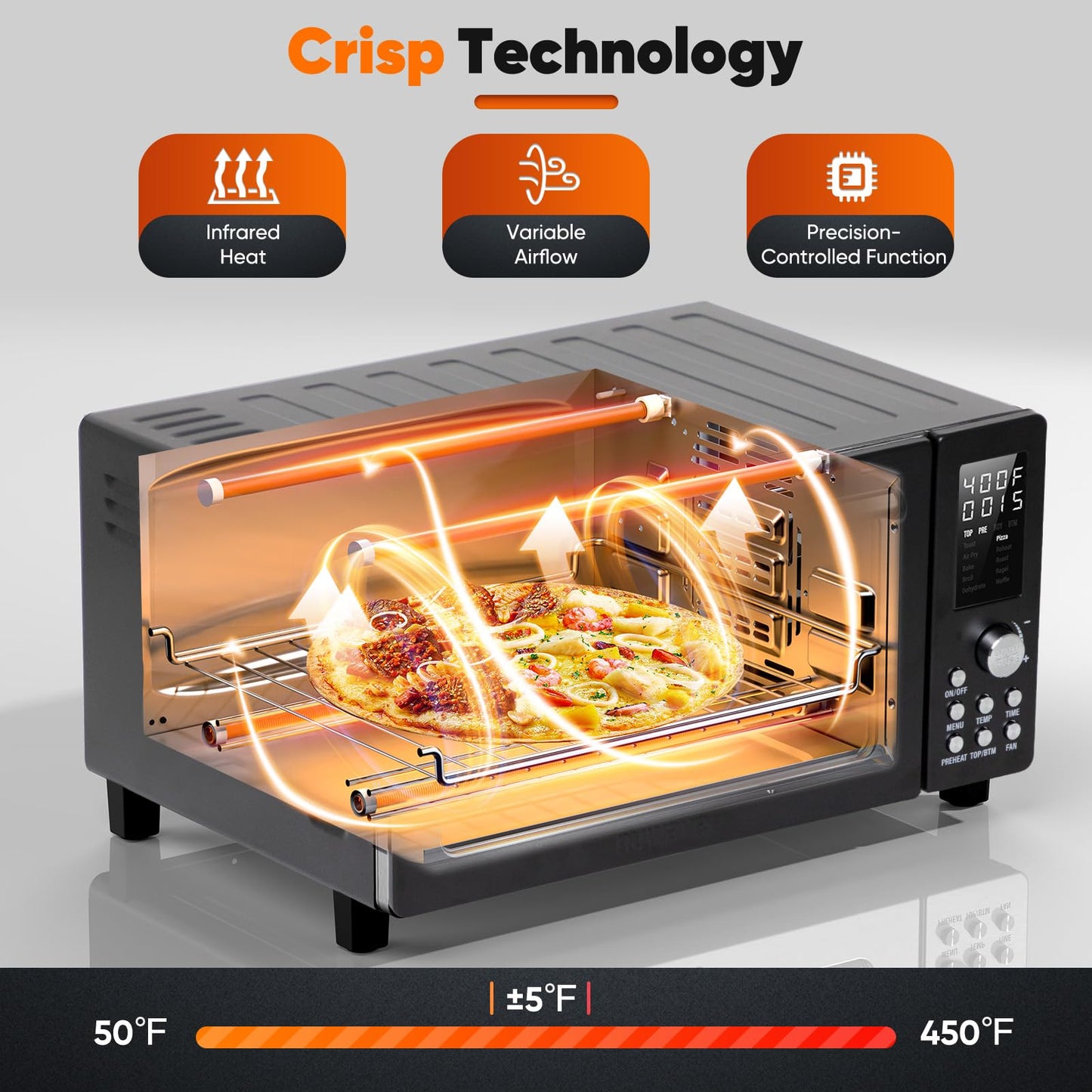 Nuwave Bravo Pro Convection Air Fryer Toaster Oven Combo, 2025 New and Improved, 10-in-1, 50°-450°F Temp Controls, Quick & Even Crisp Technology, 21Qt Capacity, Black, PFAS Free