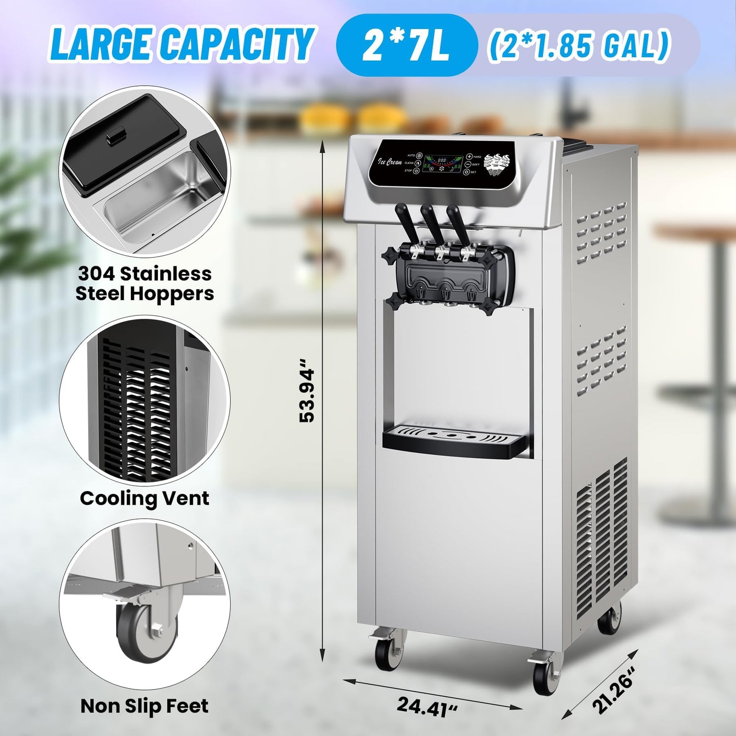 Commercial Ice Cream Machine 1+2 Flavor 2200W, 5.8-8 Gal/Hr Yield Vertical Soft Serve Ice Cream Machine With 2x7L Hopper 3 Dispensers, Auto Clean, LCD Display, for Restaurant Snack Bars Commerical Use