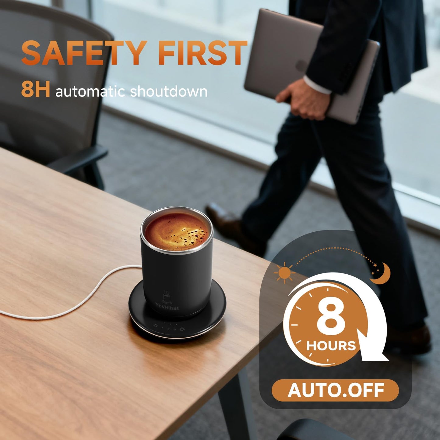 Temperature Control Self Stirring Coffee Mug with Lid, Automatic Heated Coffee Milk Cocoa Cup, Black 11 oz Smart Stainless Steel Mug Warmer with USB Type-C