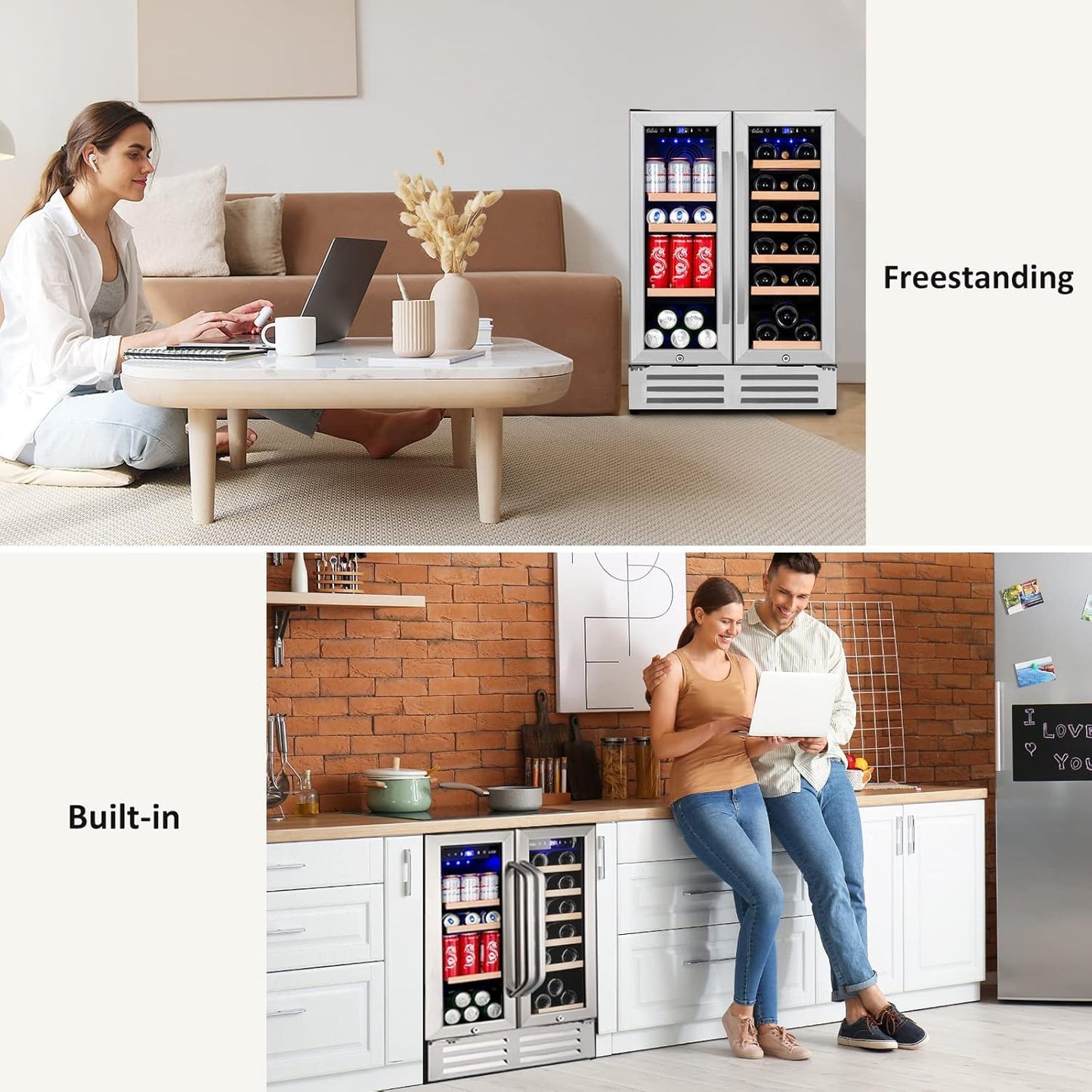 Velieta Wine and Beverage Refrigerator, 24 Inch Dual Zone Fridge with Glass Door, Built-In Cooler with Powerful and Quite Cool System/18 Bottles and 88 Cans Capacity Bverage Cooler