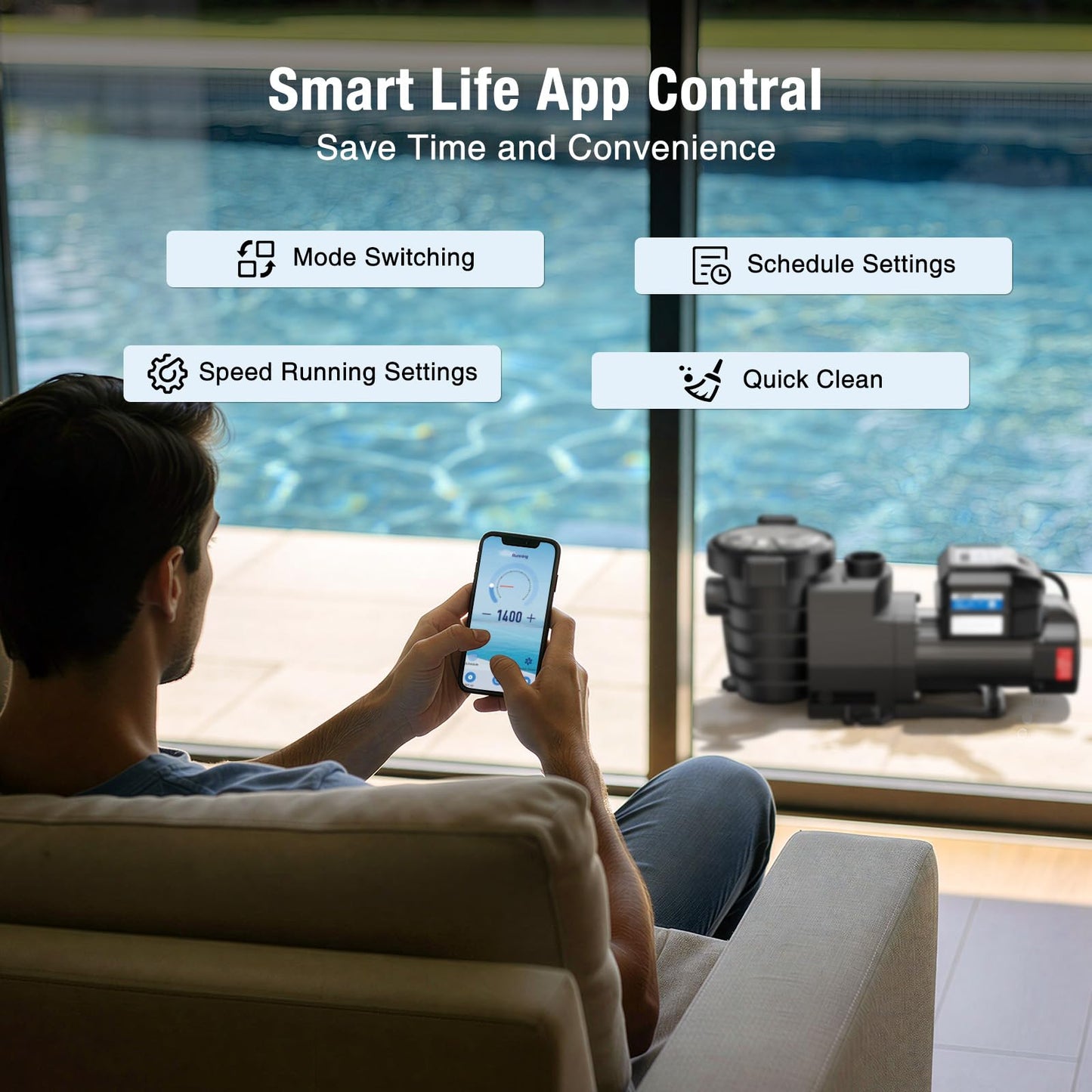 CrestWave Smart Variable Speed Pool Pump 1.5HP, Smart Life APP Control, 38 dB-Quiet, Energy Saving, AC 110V/230V, Built-in Timer, 5070 GPH High Flow, 1.5" & 2" Adapter Pool Pump for In/above Pool