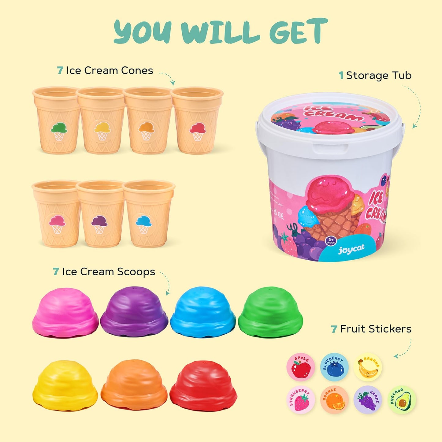 JOYCAT Ice Cream Toys, Color Recognition Stacking Play Set with 7 Matching Cones & Scoops, Pretend Play Food for Kids +Soft Baby Beehive with 5 Sensory Bees