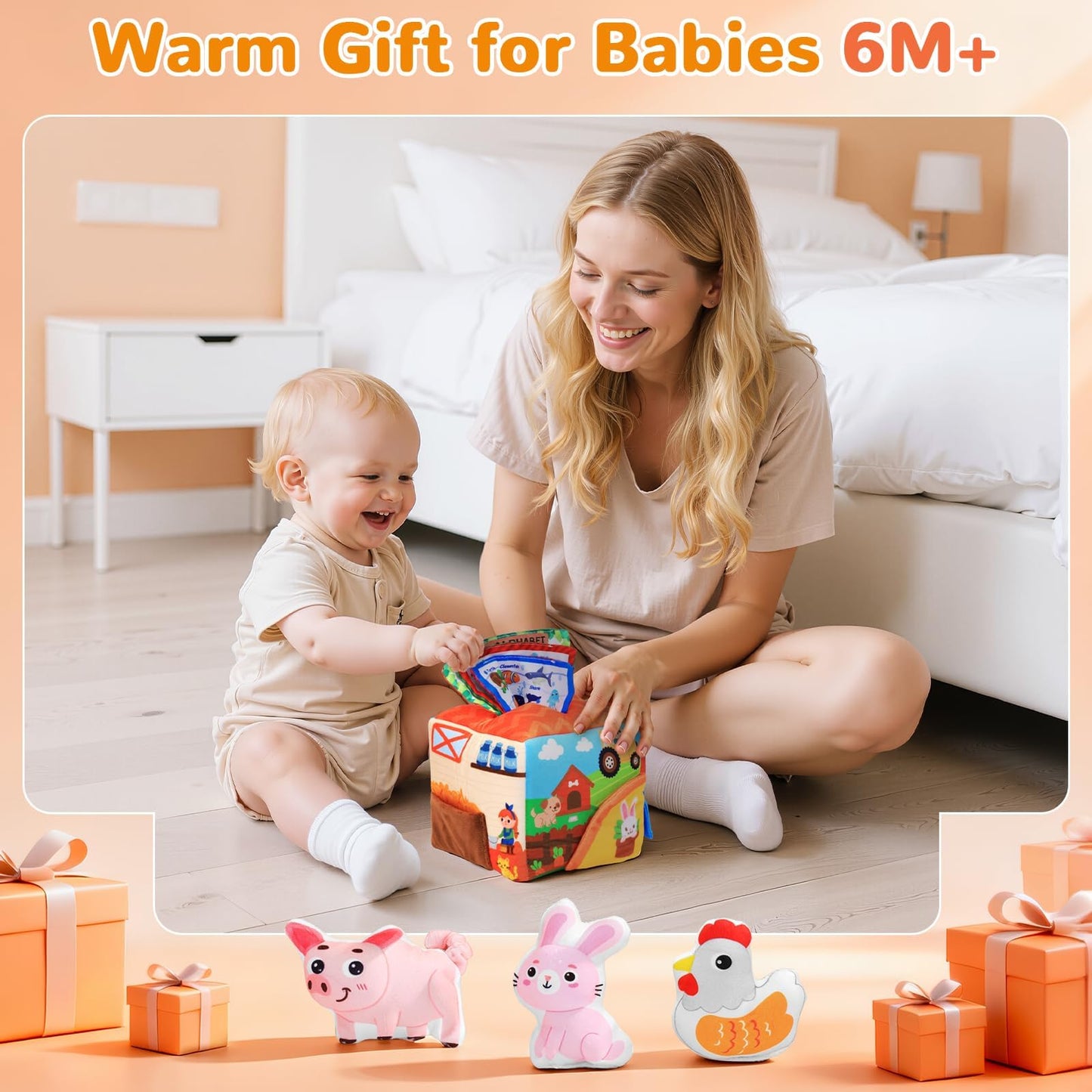 MPQMPQ Baby Tissue Box Toy Farm Crink Plush,Whats Inside Box Montessori Toys with Rattle,Crinkle,Mirror for Babies 6 9 12 18 Months Early Developmental Infant Sensory Learning Toys Newborn Gifts