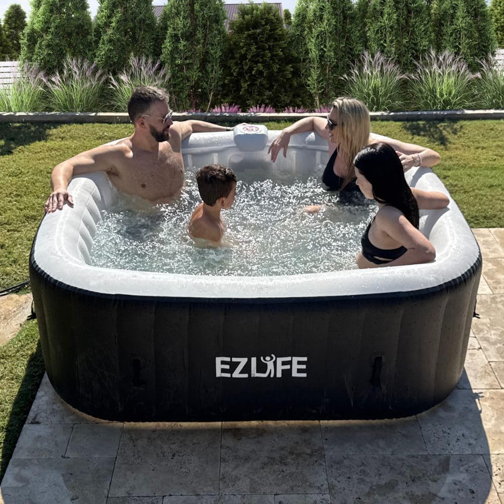 EZLIFE 6-Person Inflatable Square Hot Tub Spa with 130 Bubble Jets, LED Light Strip, 1350W Heater & Cover – Portable Outdoor Spa Pool for Adults (72"x72")