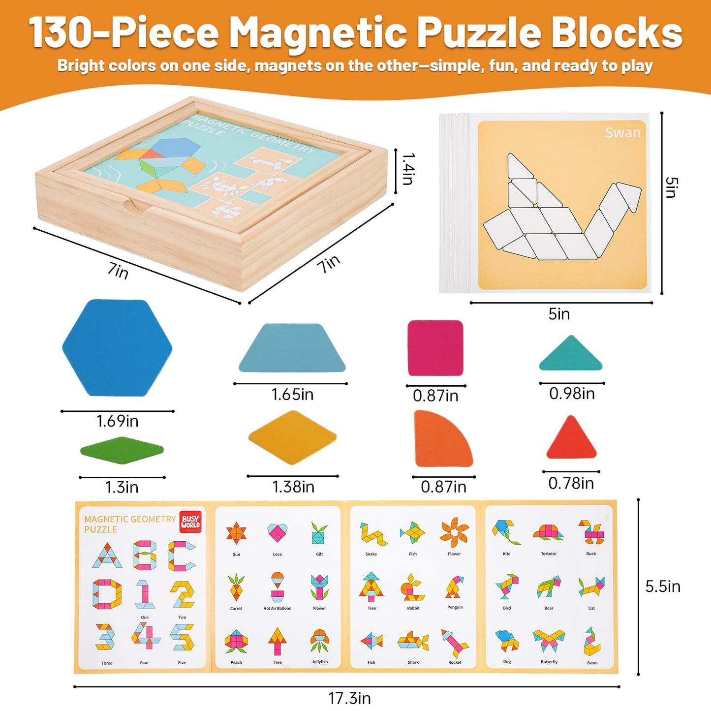 ODRIEW 130 Pcs Wooden Magnetic Pattern Blocks Set, Montessori Tangram Puzzle with Pattern Cards & Storage Box, STEM Educational Toy for Toddlers & Kids Ages 4–8, Creative Gift for Boys & Girls