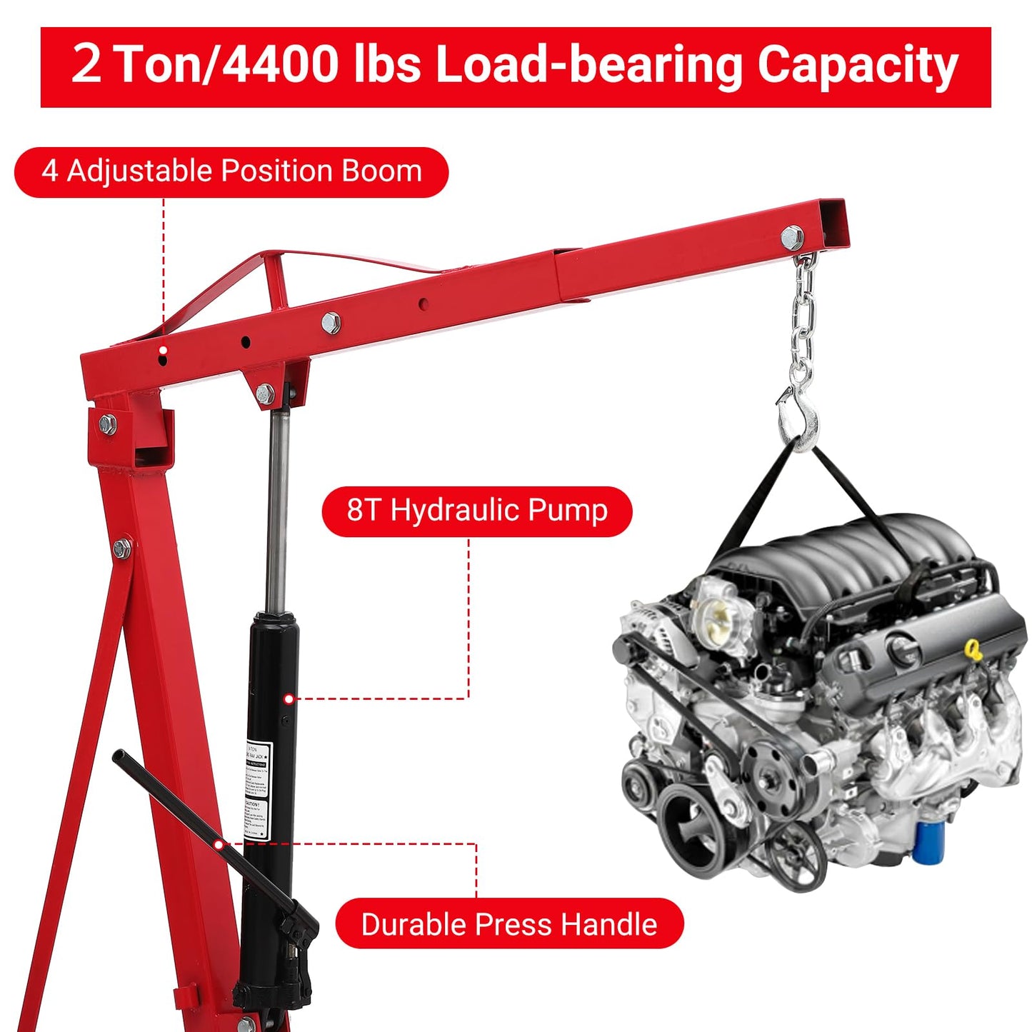 ExploreHorizon 2 Ton Engine Hoist, Hydraulic Folding Cherry Picker, Heavy Duty 4400Lbs with Lever & 6 Casters for Workshop Garage Warehouse