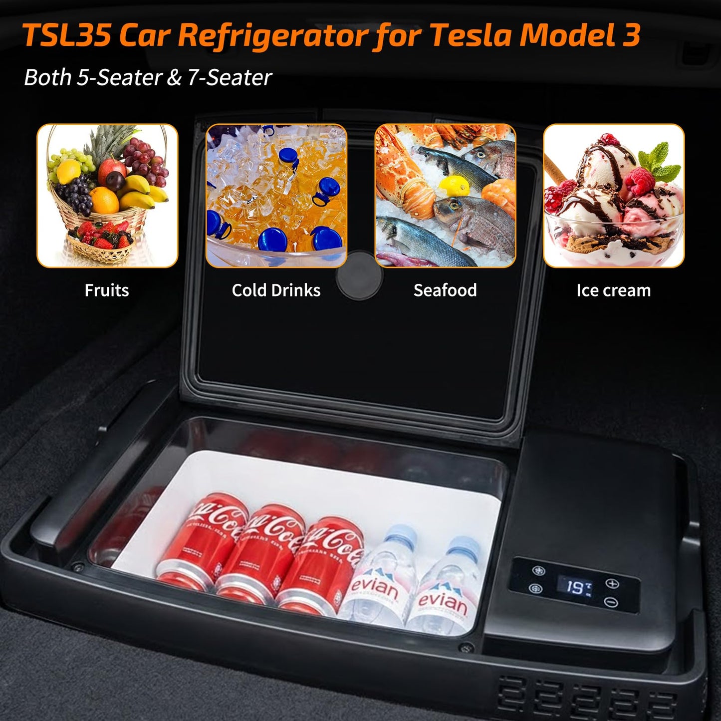Tlaleikejia Car Refrigerator for Tesla Model 3, 37QT (35L) 12V Car Fridge -4℉~68℉, APP Control, Trunk Custom Fit for Model 3 2017–2026 (Incl. Highland), Portable Freezer 12/24V DC & 120–240V AC