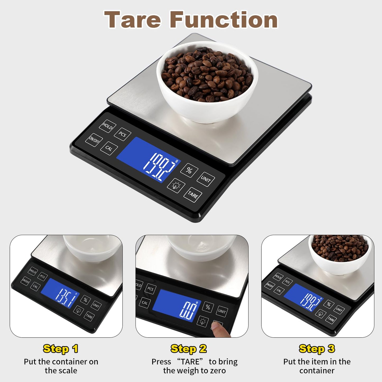 SEMIER Digital Kitchen Scale with 0.1g/0.001oz High Precision, 5kg/11lb Food Bakery Scale with% Percentage Function, Tare Function, USB Rechargeable or AAA Battery Power, Stainless Steel Pan