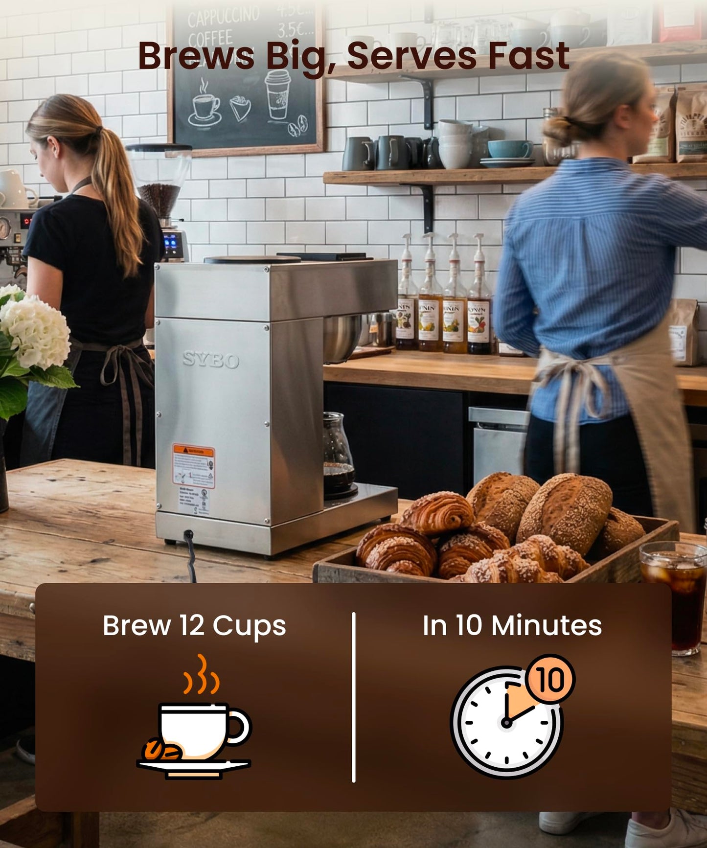 SYBO 12 Cup Coffee Maker Commercial, Pour Over Coffee Maker Brewer, Industrial Stainless Steel Cafetera with 2 Warmers