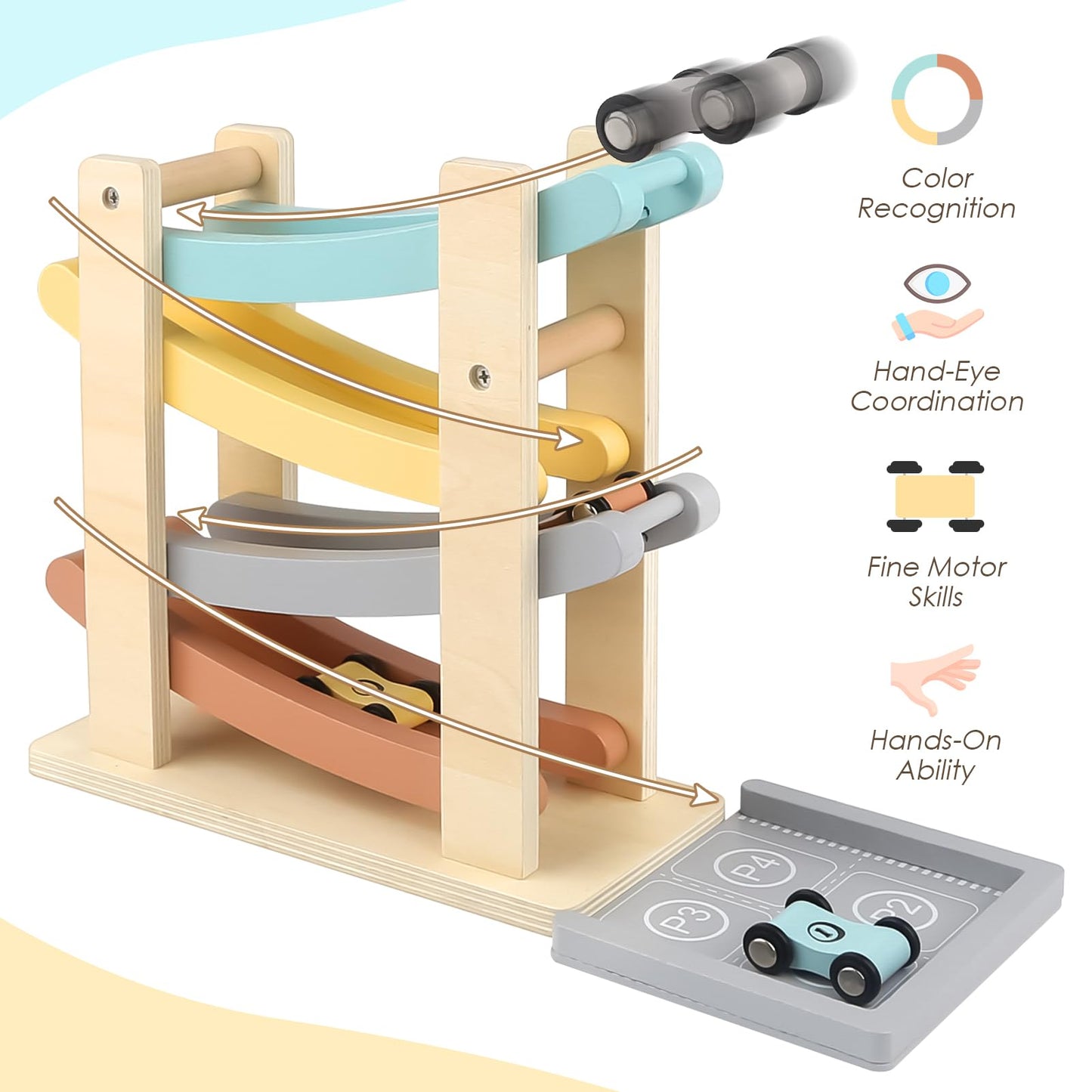 Joyreal Montessori Toddler Toys for 1 2 Year Old - 4 Level All-Wooden Car Ramp Racer Toys with 4 Mini Cars & Garages - Christmas Birthday Gifts for 1-3 Year Old Boys and Girls