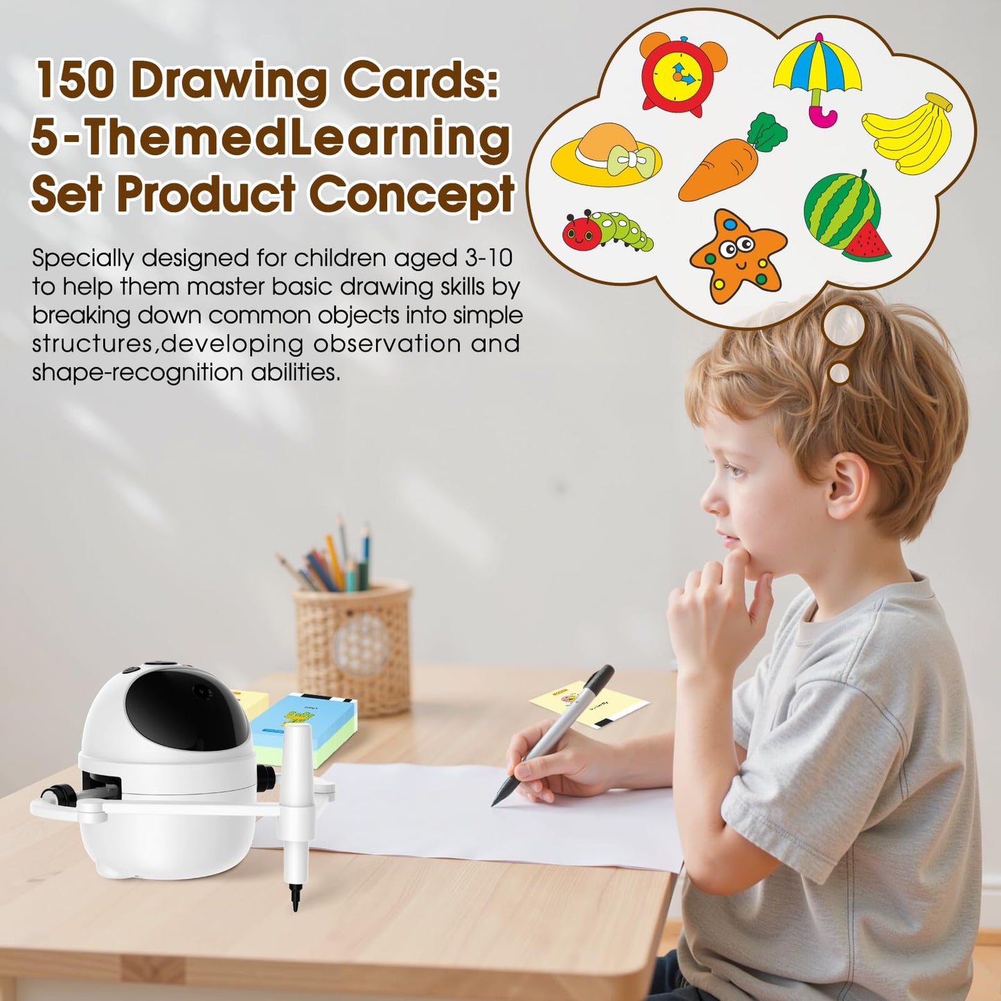 Drawing Robot Toys Painting Kit for Kids, Toddler Toys Birthday Gifts for 3-10 Girl Boy, Electronic Learning Toys with Intelligent Sensing 150 Cards, Interactive Painting Toy Set (White)