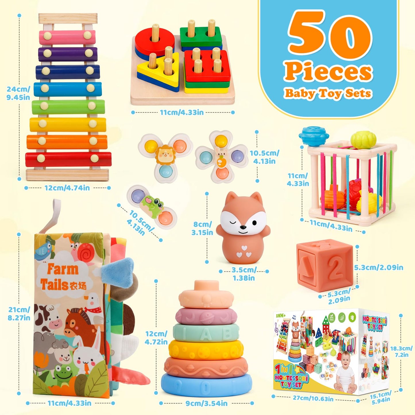VuvuVoda Montessori Baby Toys for Toddlers 1-3, 7-in-1 Educational Activity Toy Set with Soft Cloth Book, Stacking Blocks & Learning Toys, Birthday Gifts for Boys Girls