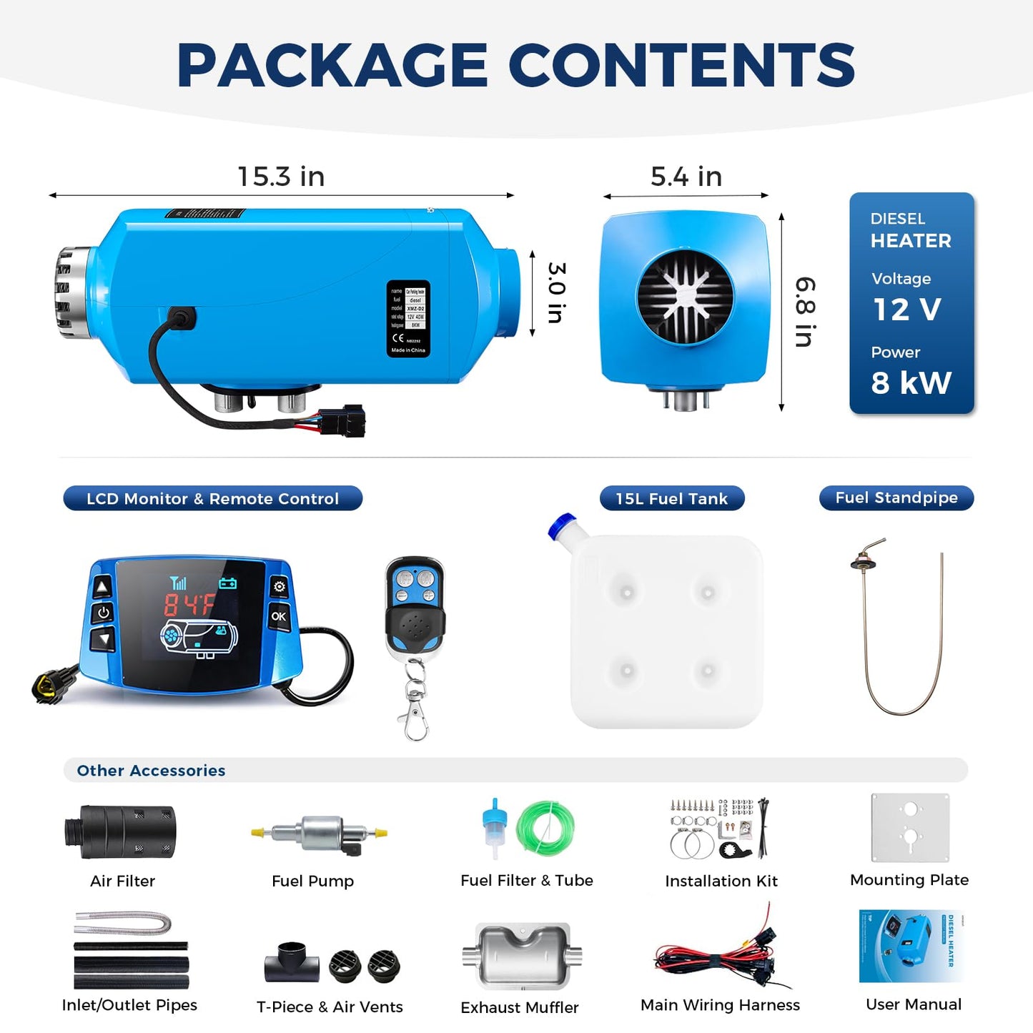 VOYOCHT Diesel Heater 8KW, Aluminum Housing, Diesel Air Heater 12V, Fast Heating, Diesel Parking Heater High Altiude with Controller & 15L Tank for Trucks, Trailers, Boats, RVs and Motor-homes