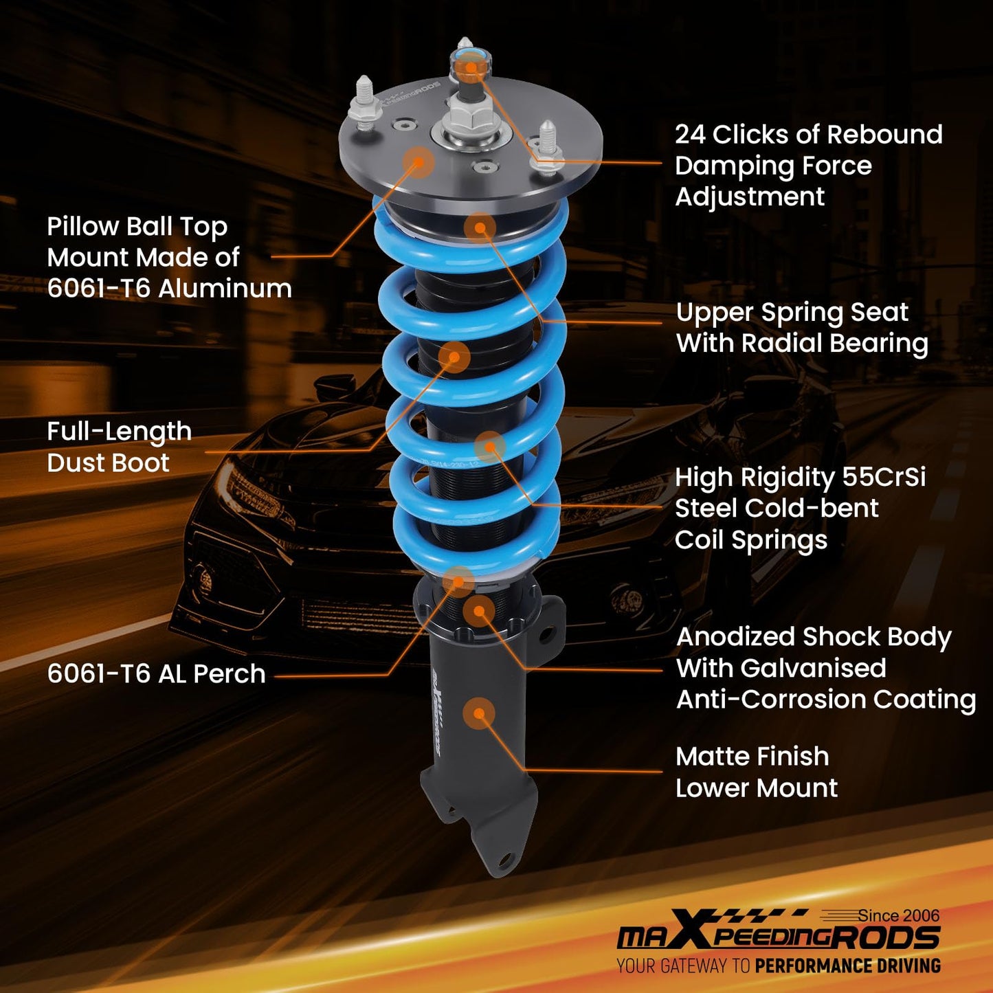 maXpeedingrods Coilovers for Dodge Challenger 2008-2010, for Dodge Charger 2006-2010, 24 Levels Damper Coilovers Suspension Kit, Height Adjustable T6 Upgraded Lowering Kits Blue
