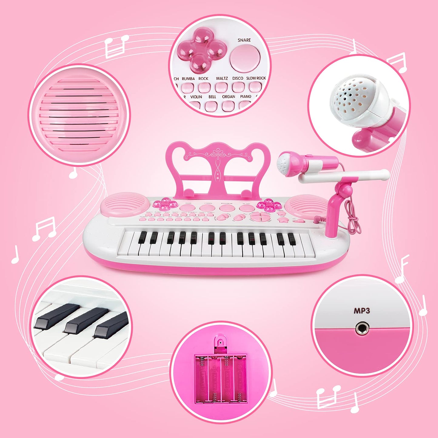Kids Piano Keyboard Toys, 31-Keys Piano for Toddler Ages 3-5-9, Educational Toys with Microphone, Stool, Portable Multifunction Electronic Musical Instrument, 3+Year Old Girls Birthday Gift Ideas-Pink
