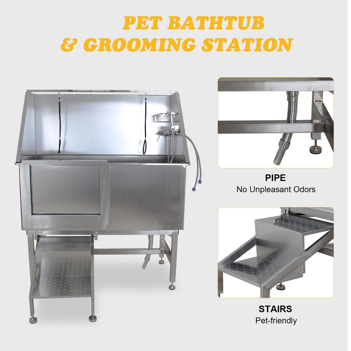 GarveeLife 50 in Dog Grooming Tub, Professional Bathtub with Retractable Stairs, Stainless Steel Pet Grooming Tub for Small & Large Dog, Lefe Door