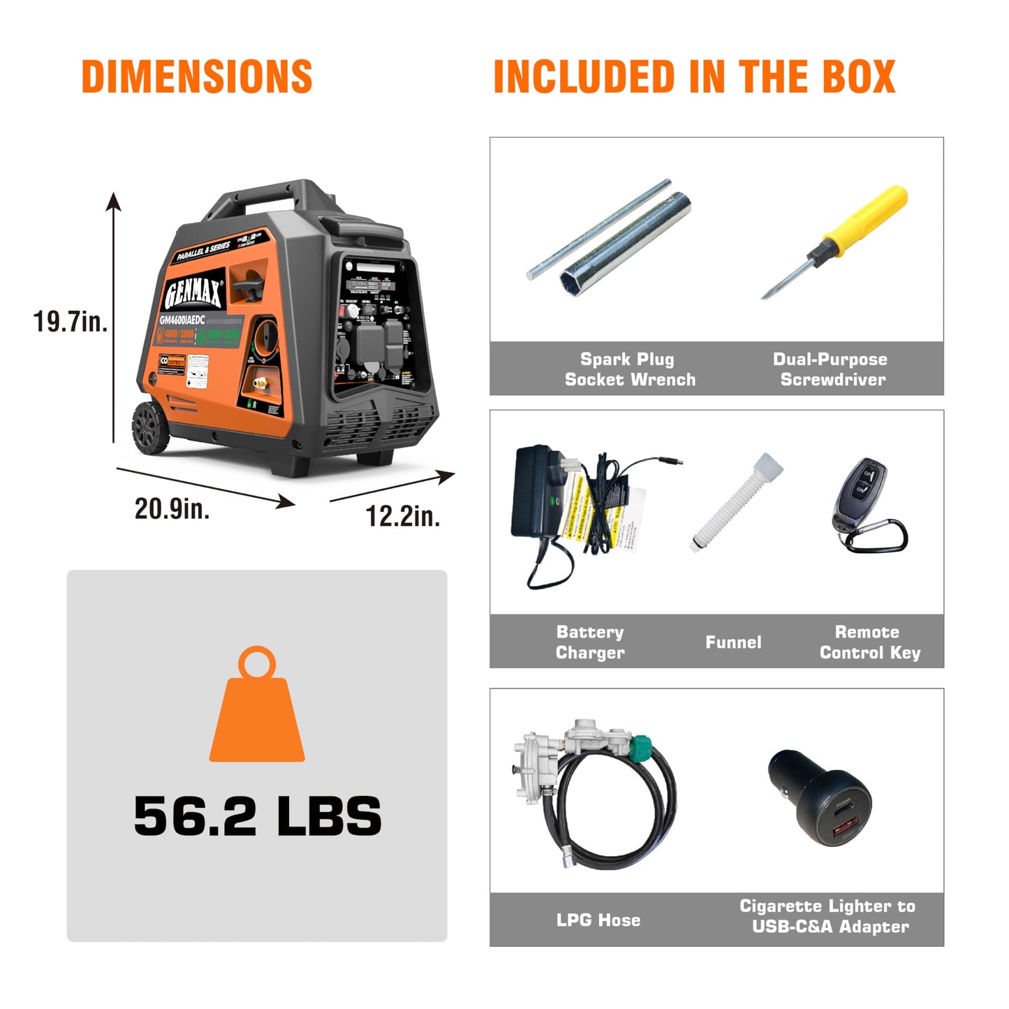 GENMAX Dual Fuel Generator,4600W ultra-quiet 159cc engine,Electric & Remote Start with CO Alert and LED light digital display,Ideal for Camping outdoor & Home backup power.EPA &CARB Compliant