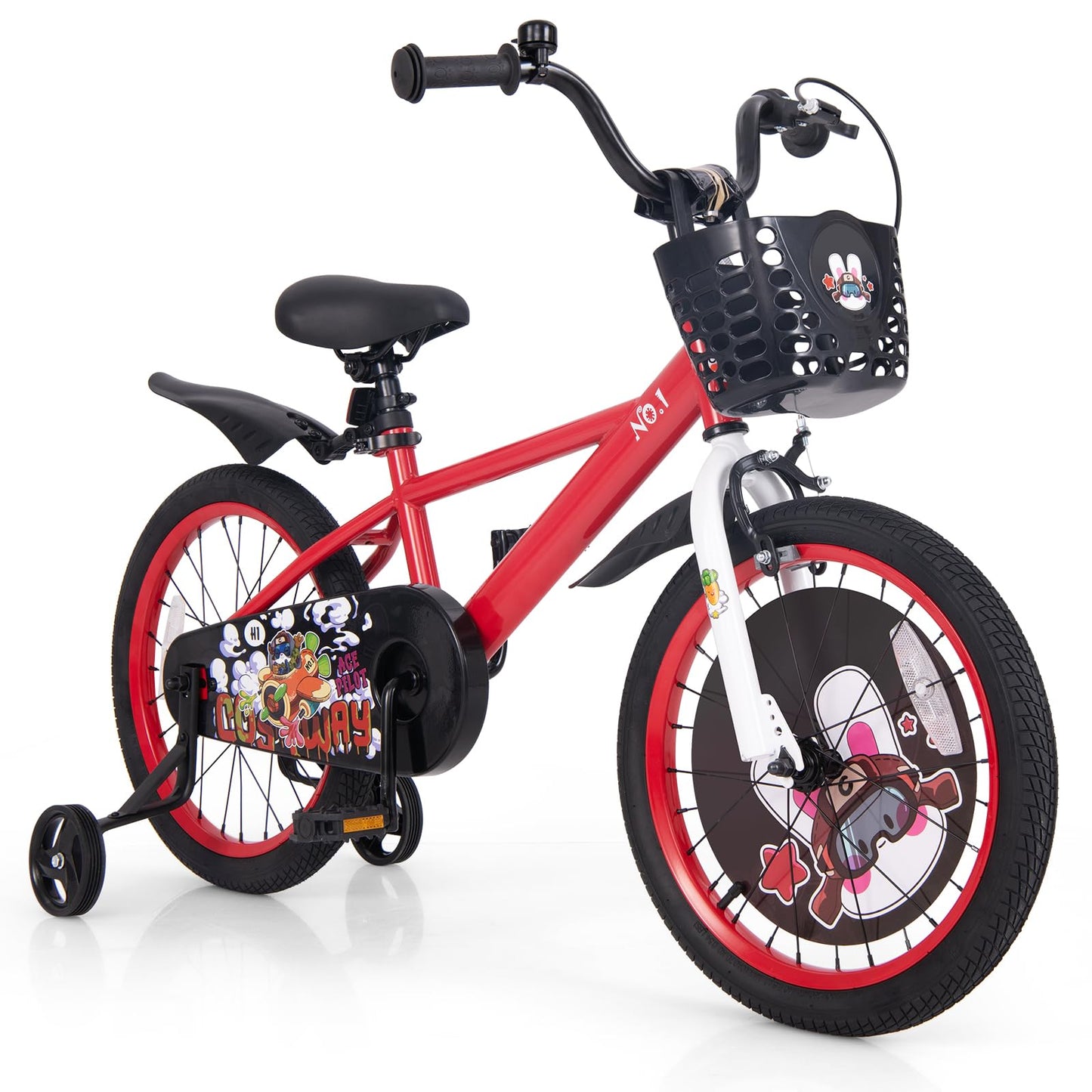 BABY JOY Kids Bike, 18 Inches Child Bike for 4-8 Years Old with Adjustable Height, Training Wheels, Storage Basket, Handbrake & Coaster Brake, Kids Bicycle for Girls Boys (Rabbit Pilot, Red)