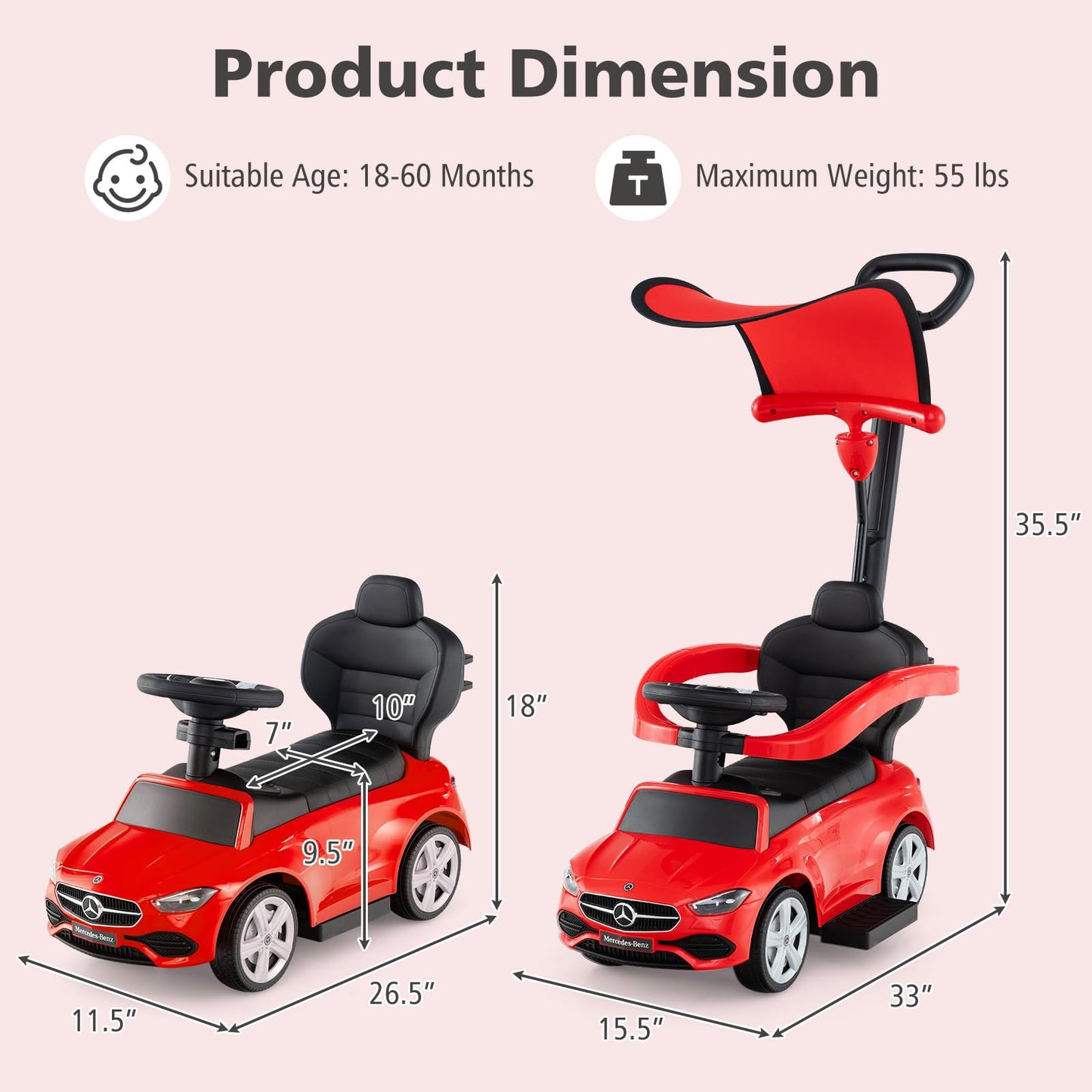 Licensed Mercedes Benz Push Car for Toddlers by INFANS, 3 in 1 Sliding Walking Car with Push Handle, Horn, Music, Underneath Storage, Foot-to-Floor Ride on Toys for Boys Girls, Red