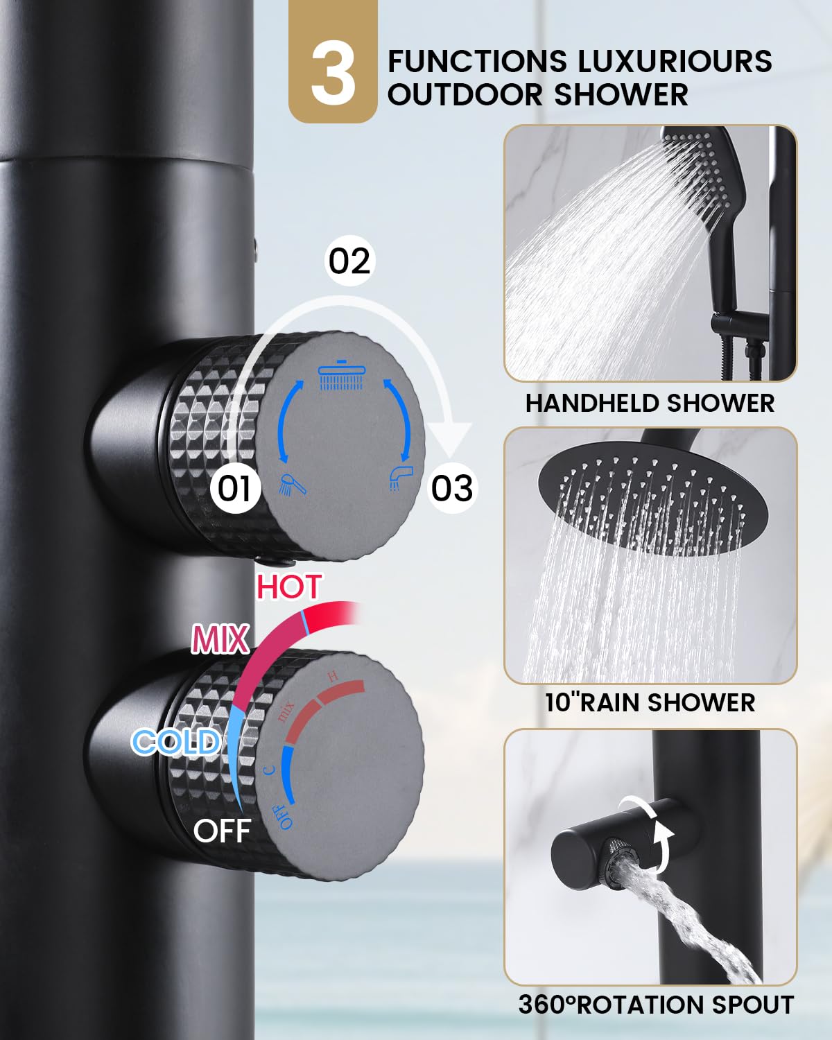 CHALIRS 316 Marine Grade Stainless Steel Free Standing Outdoor Shower with Foot Wash, 3-Function Matte Black Shower Kit with 10''Rain Shower Head,Outdoor Shower Fixture for Yard Beach Poolside Garden