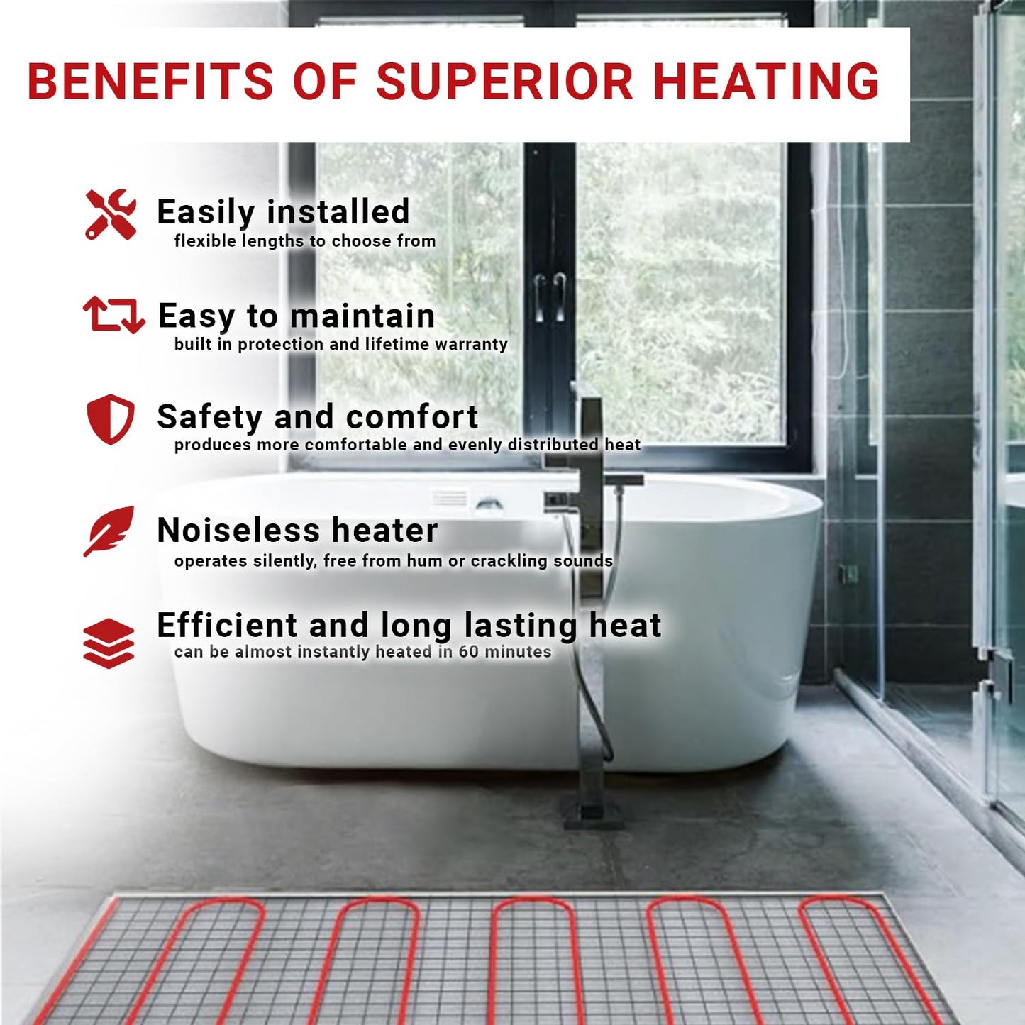 VineHeat Radiant Floor Heating System 80 sq ft | Underfloor Heating Wire Easy to Install | Safe and Quiet Heated Floor Mat with Long Lasting Heat, 120V (*Thermostat Sold Separately*)