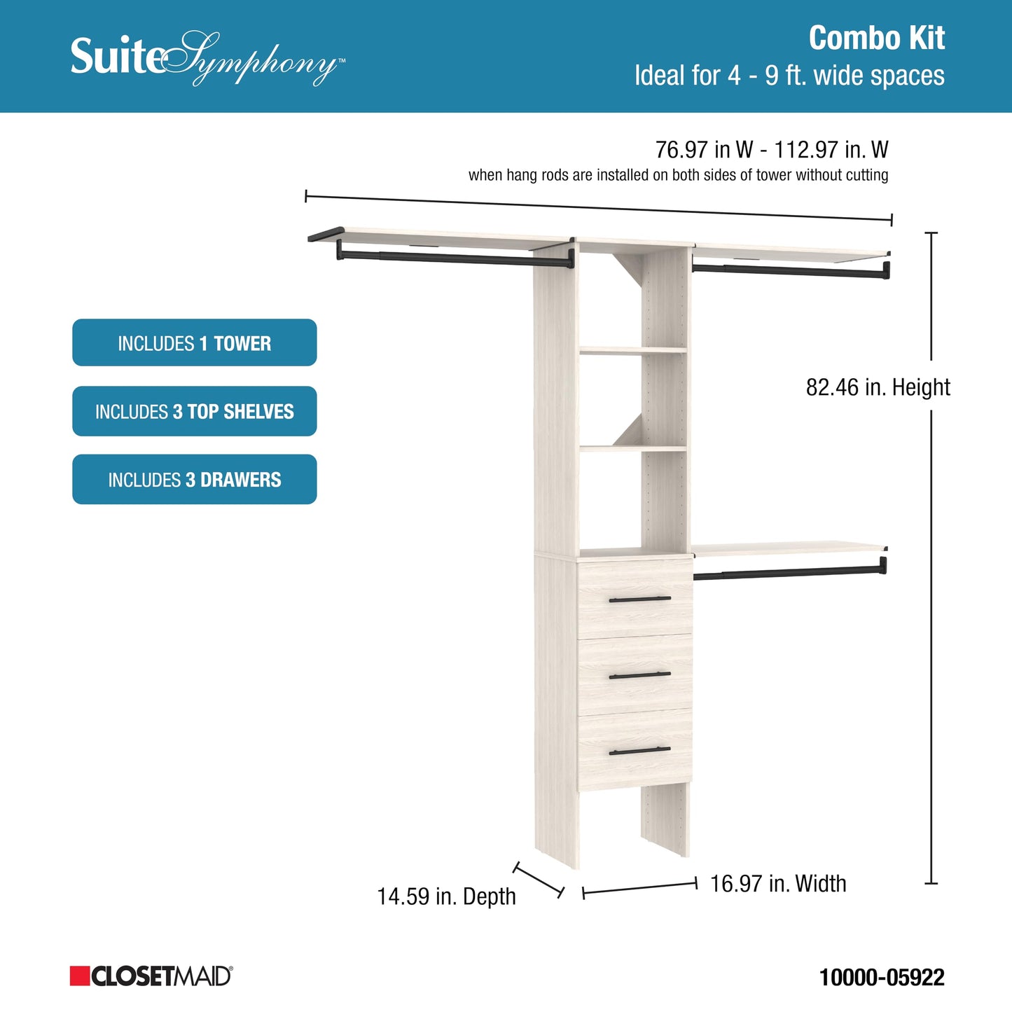 ClosetMaid SuiteSymphony 16-Inch Closet System Tower with (3) Hanging Rods, (3) Drawers, and (3) Top Shelves, White Timber