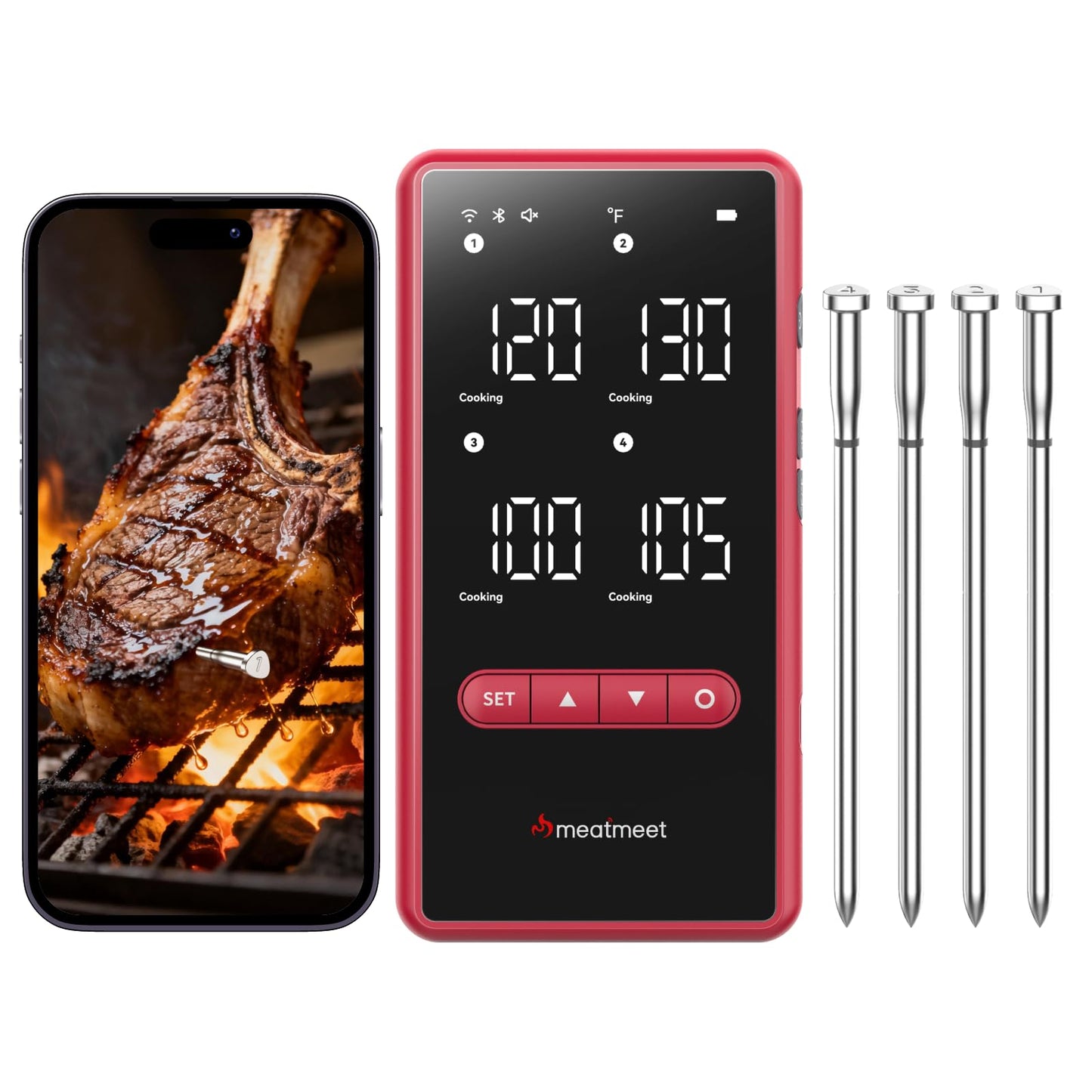 Meatmeet Z Pro Wireless Bluetooth Meat Thermometer, Standalone Base, WiFi Unlimited Range, 1080 Heat Resistance, ± 0.18°F Accuracy, 1 Probe with 6 Sensors for Kitchen, BBQ, Grill, Oven, Smoker