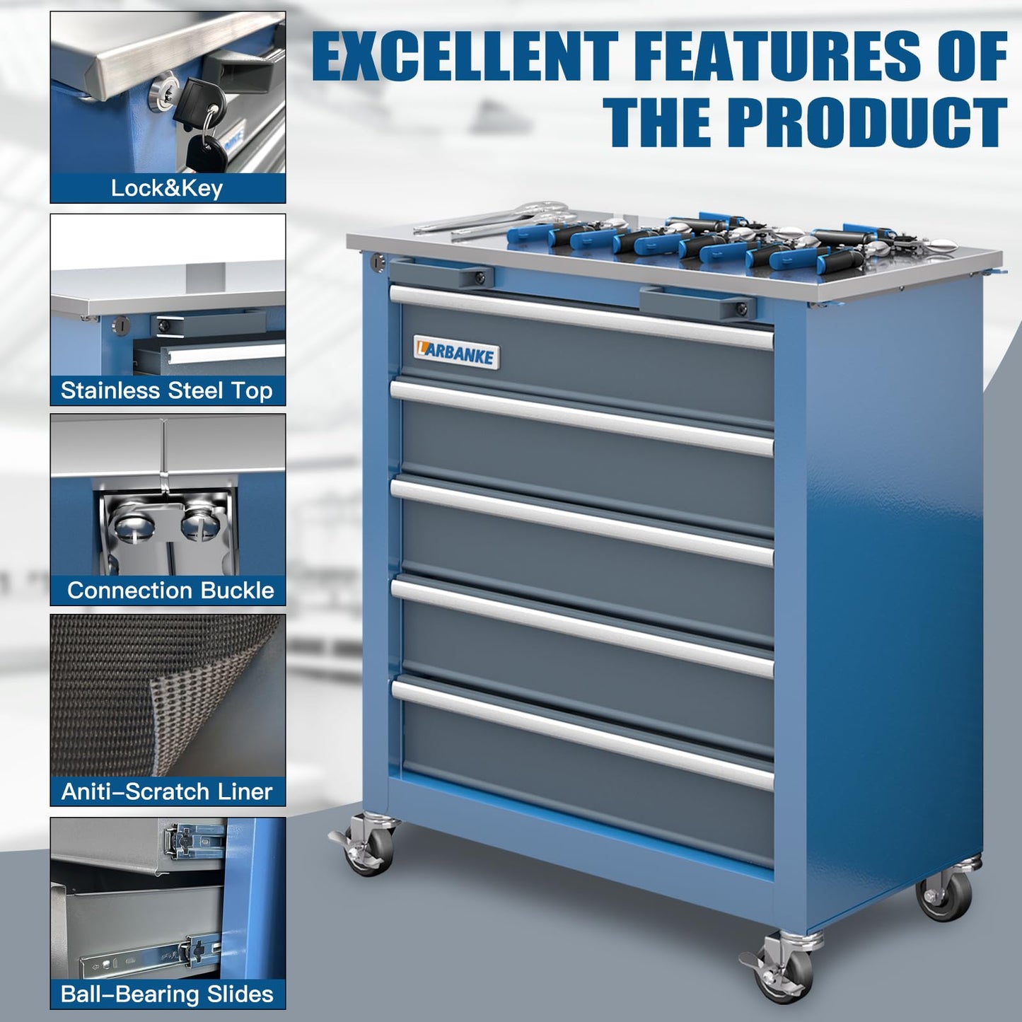 LARBANKE 5-Drawer Rolling Tool Chest,Tool Chest with Keyed Locking System, with Wheels and Foot Pads,Rolling Tool Cabinet with Stainless CounterTop and Drawer Liners,Unique Link Buckle for Connecting