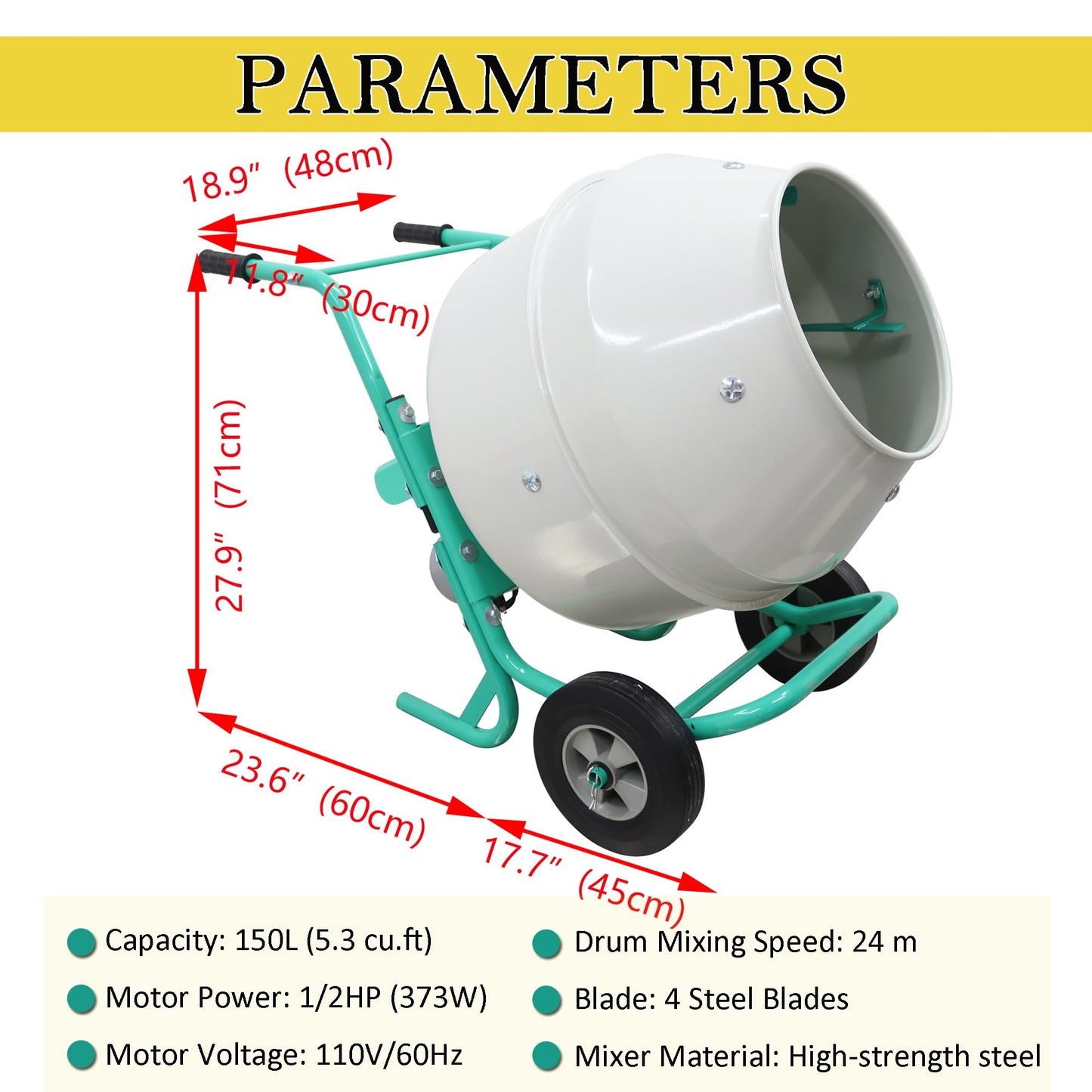 HQHAOTWU Electric Cement Mixer Concrete Mortar Steel Mix Drum Hand-pushed Movable Concrete Mixer Machine 5.3 Cubic Ft/150L Cement Mixing Drum for Stucco with Wheel and Stand