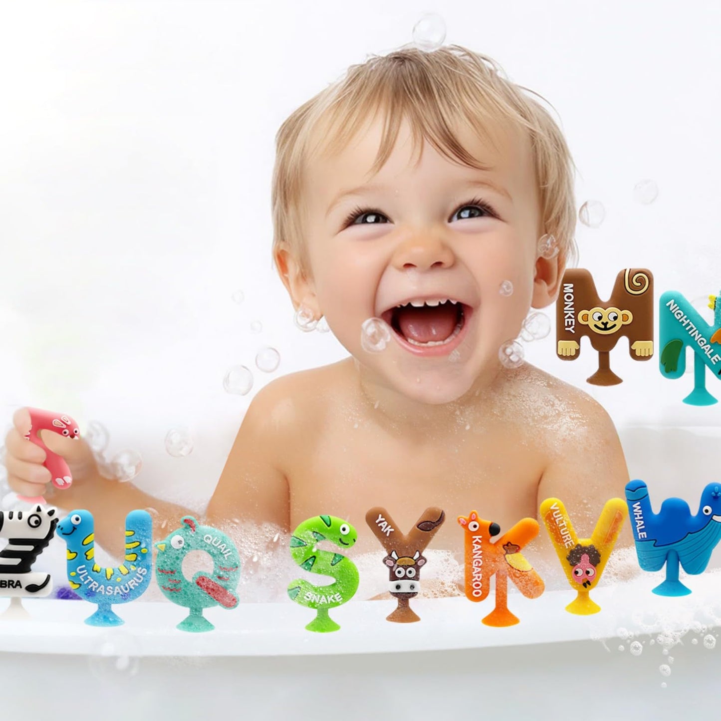 Kitysey 26pcs Alphabet Bath Toys for Toddlers , Educational Suction Bath Toys with Animal Letters, Montessori Sensory Toy for Kids 3-12, No Hole Food-Grade Silicone Toys for Autism/ADD/ADHD