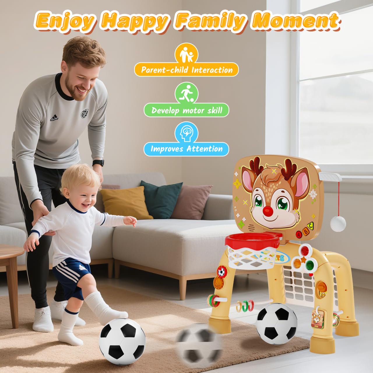 Toddler Basketball Hoop & Soccer Goal Baseball Play Activity Center,Toys for 1 2 3 Year Old Boys Girls,Montessori Sports Toys with Sound Music Christmas Birthday Gifts for Baby Kids 12 Months+