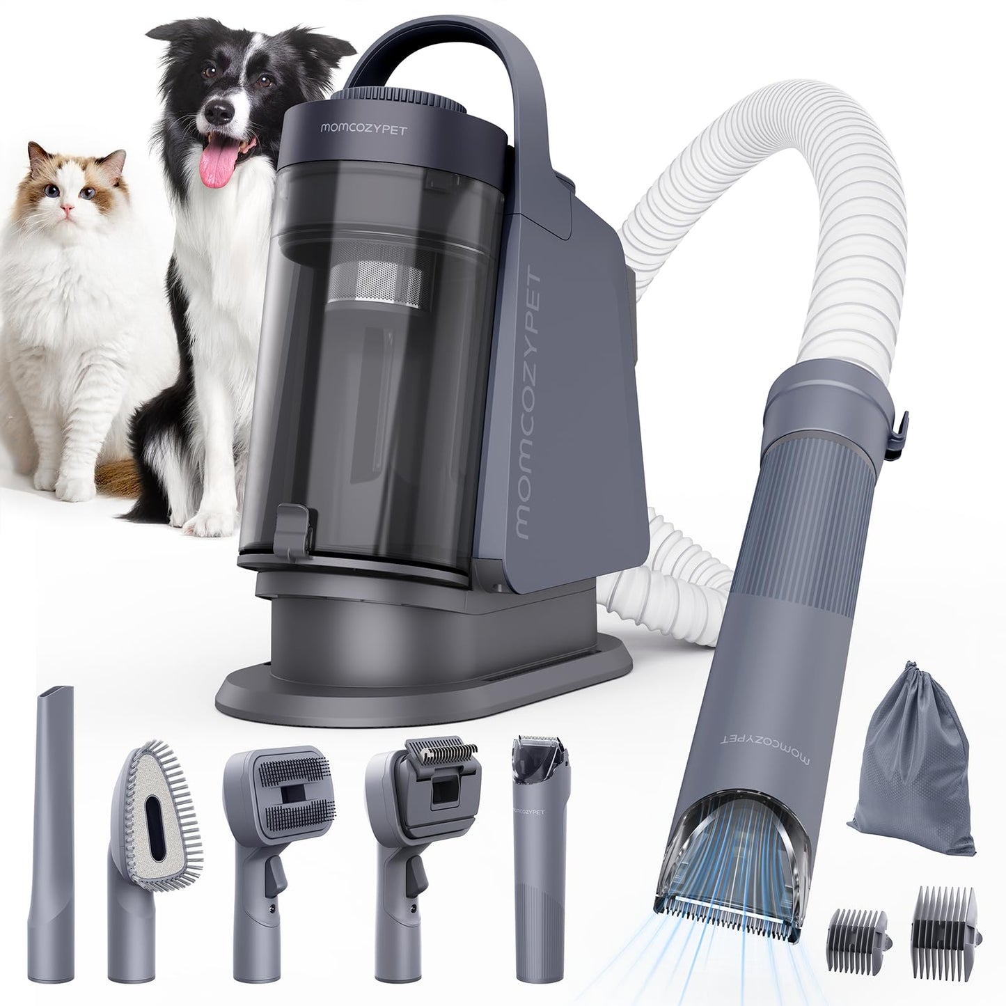 MomcozyPet Dog Grooming Kit, FurEase Dog Grooming Vacuum with Dog Clippers for Grooming, 13000Pa Powerful Dog Vacuum for Shedding Grooming with 5 Pet Grooming Tools (Iron Gray, 2.5 Liter Canister)