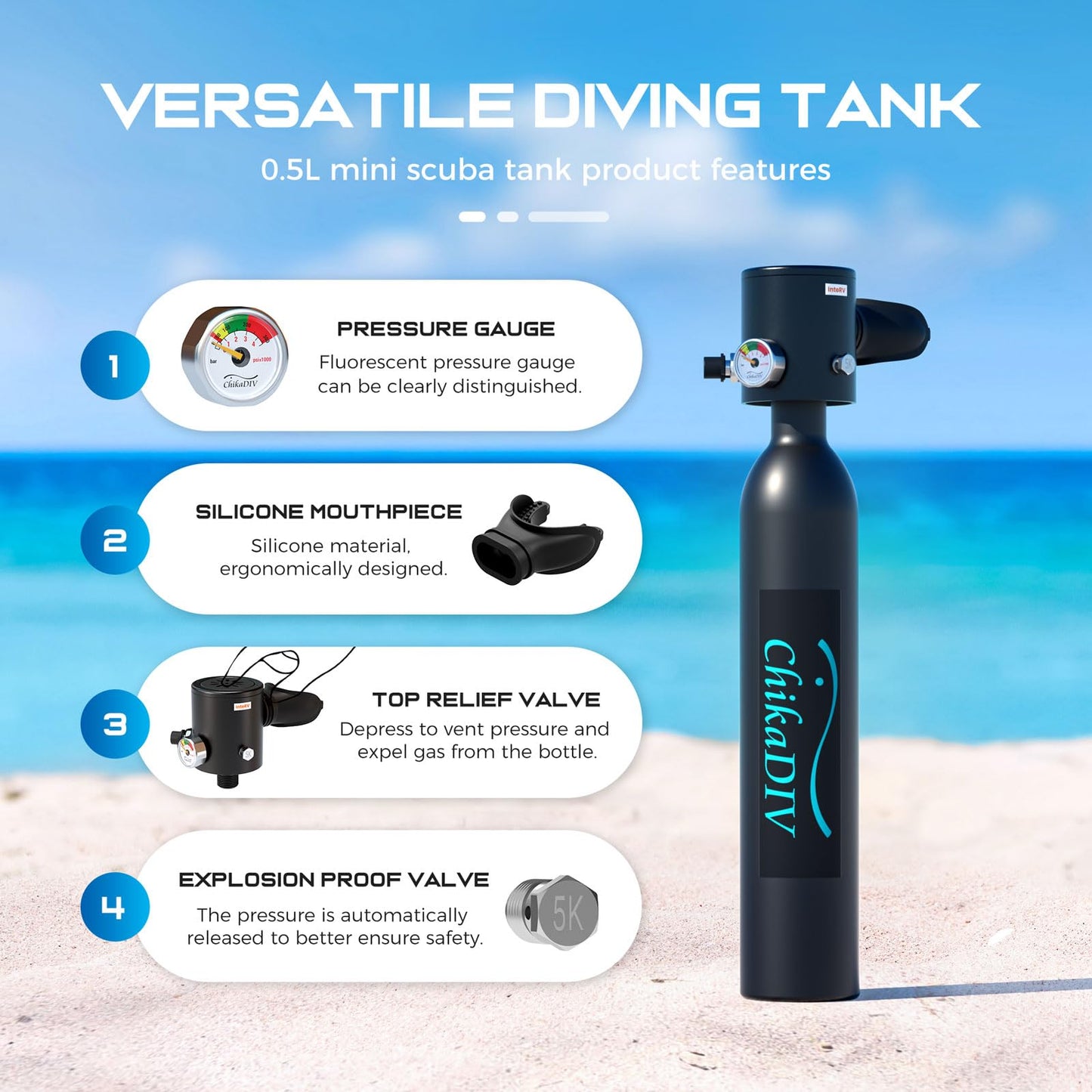 CHIKADIV Mini Scuba Tank with Pump,Portable Diving Tank,0.5l Lung Tank for Snorkeling Diving, Reusable Scuba Diving Kit Gear with Pump Underwater Breathing Training, Emergency Rescue (C Black)