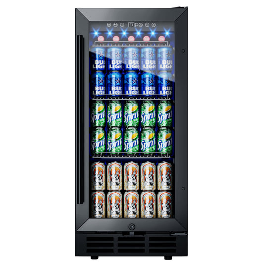 ICEVIVAL 15 Inch Beverage Fridge, 132-Can Capacity Under Counter Refrigerator with Blue LED Display, Beverage Refrigerator with Glass Door & Adjustable Shelves for Home, Bar, Office (Black)